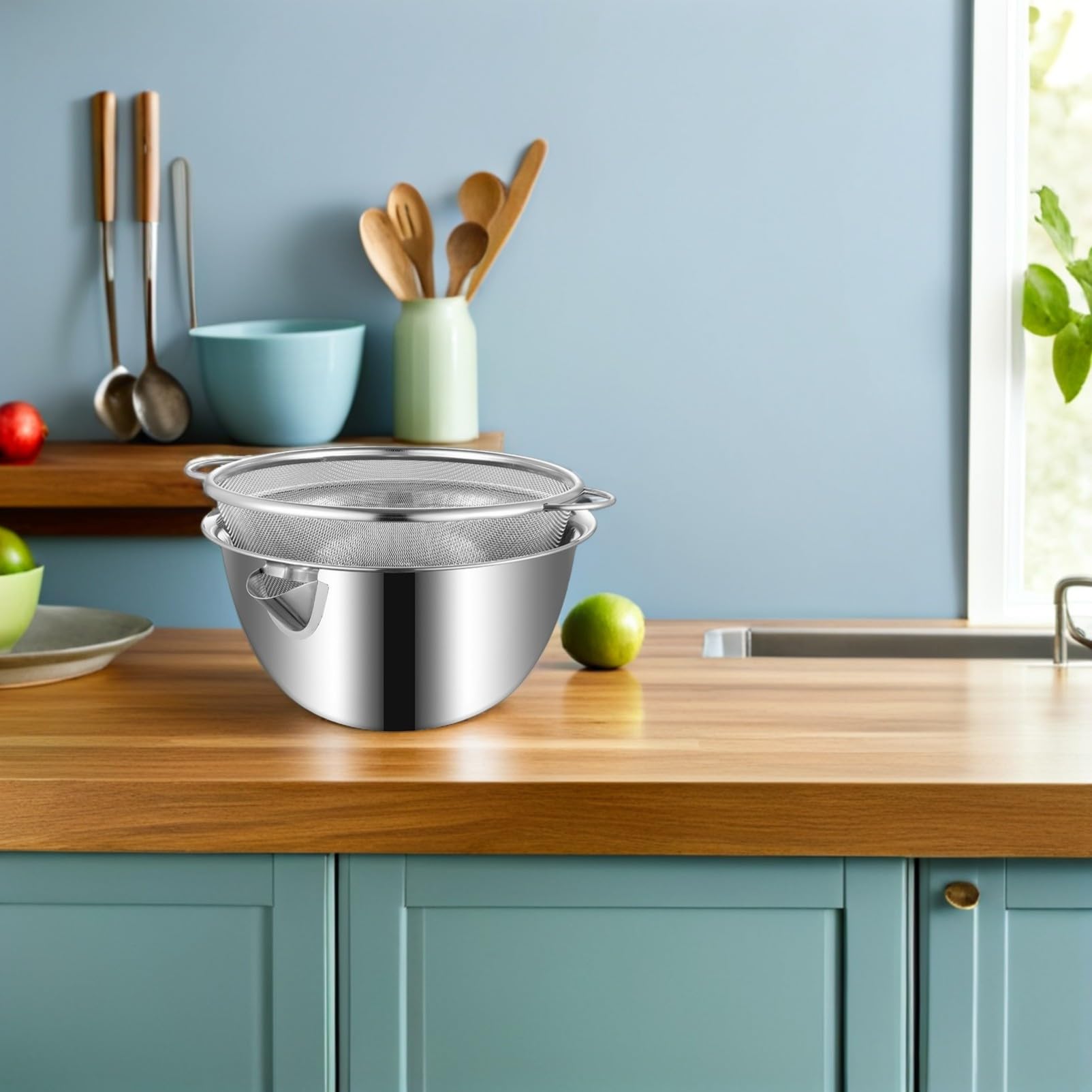 Colador de Arroz de Acero Inoxidable, 1 Juego, Plata | Lavado de Verduras y Limpieza de Fruta, Función de Drenaje Integrada, Diseño Multipropósito y Ahorro de Espacio