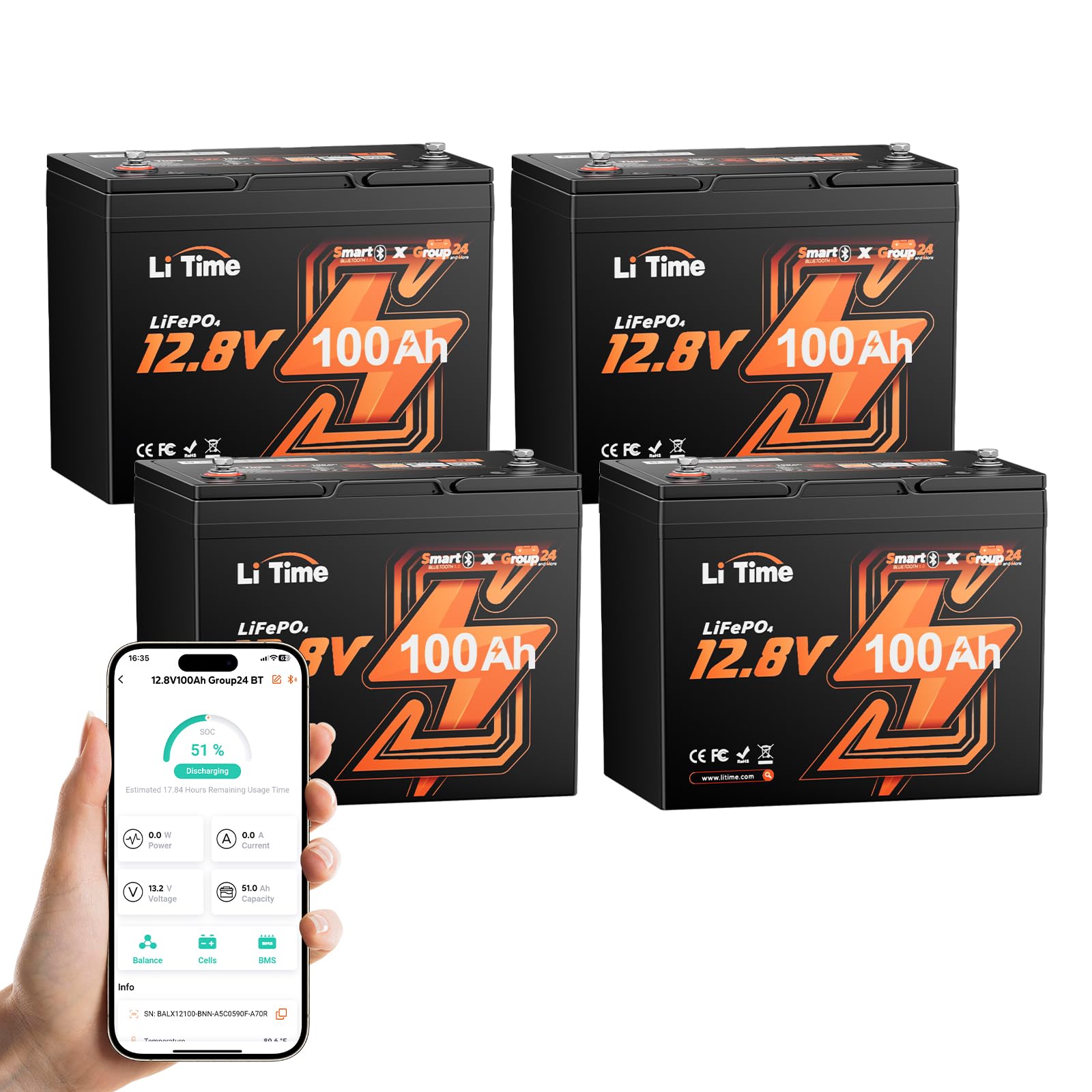 LiTime Batteria Litio 12V 100Ah con Bluetooth per Camper, Barche (4 PACK)