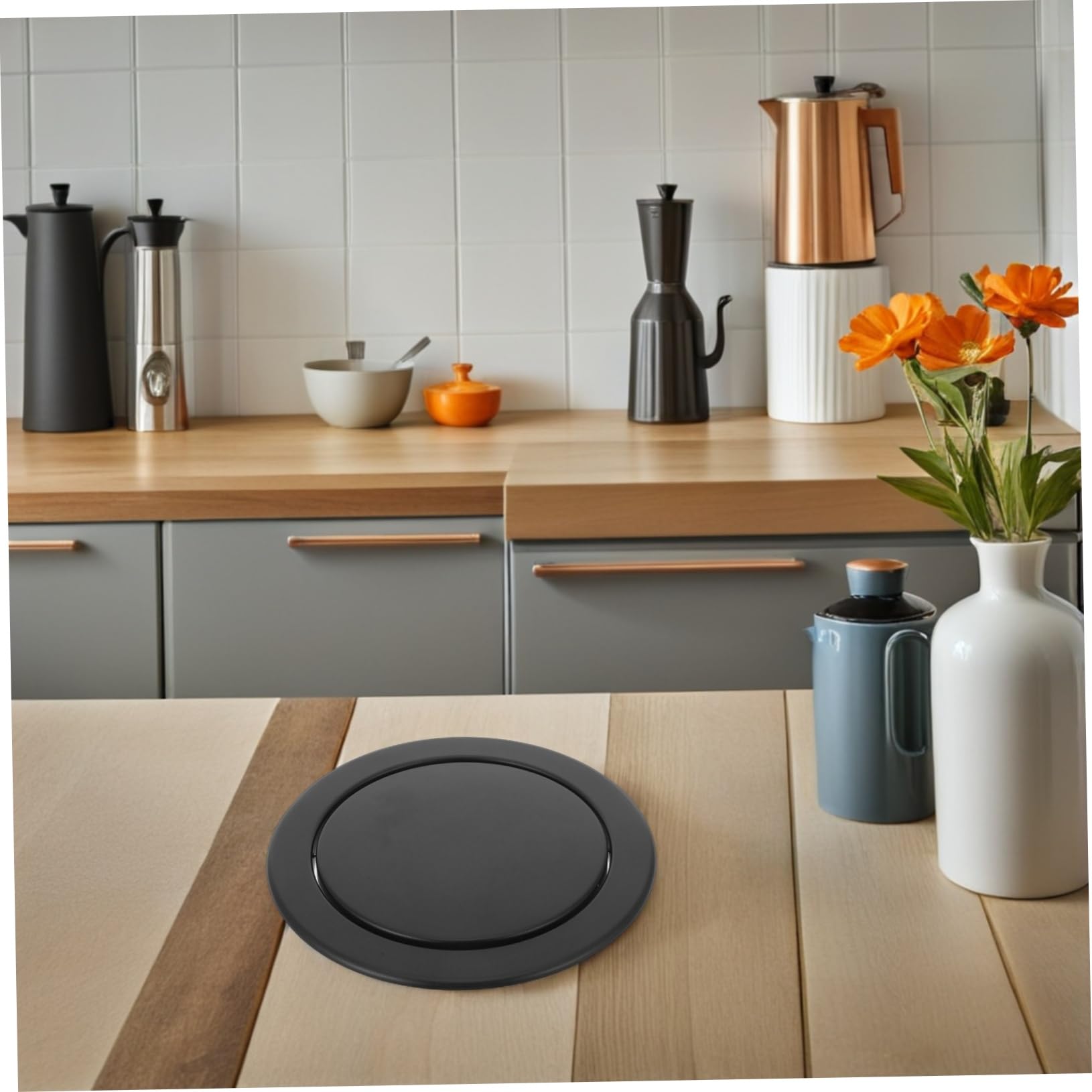 Tapa de Bote de Basura Empotrada Redonda de Acero Inoxidable | Pack de 2 Unidades, Negro, Montaje Integrado, Mecanismo Abatible Silencioso, Diseño Moderno para Hogar y Cocina
