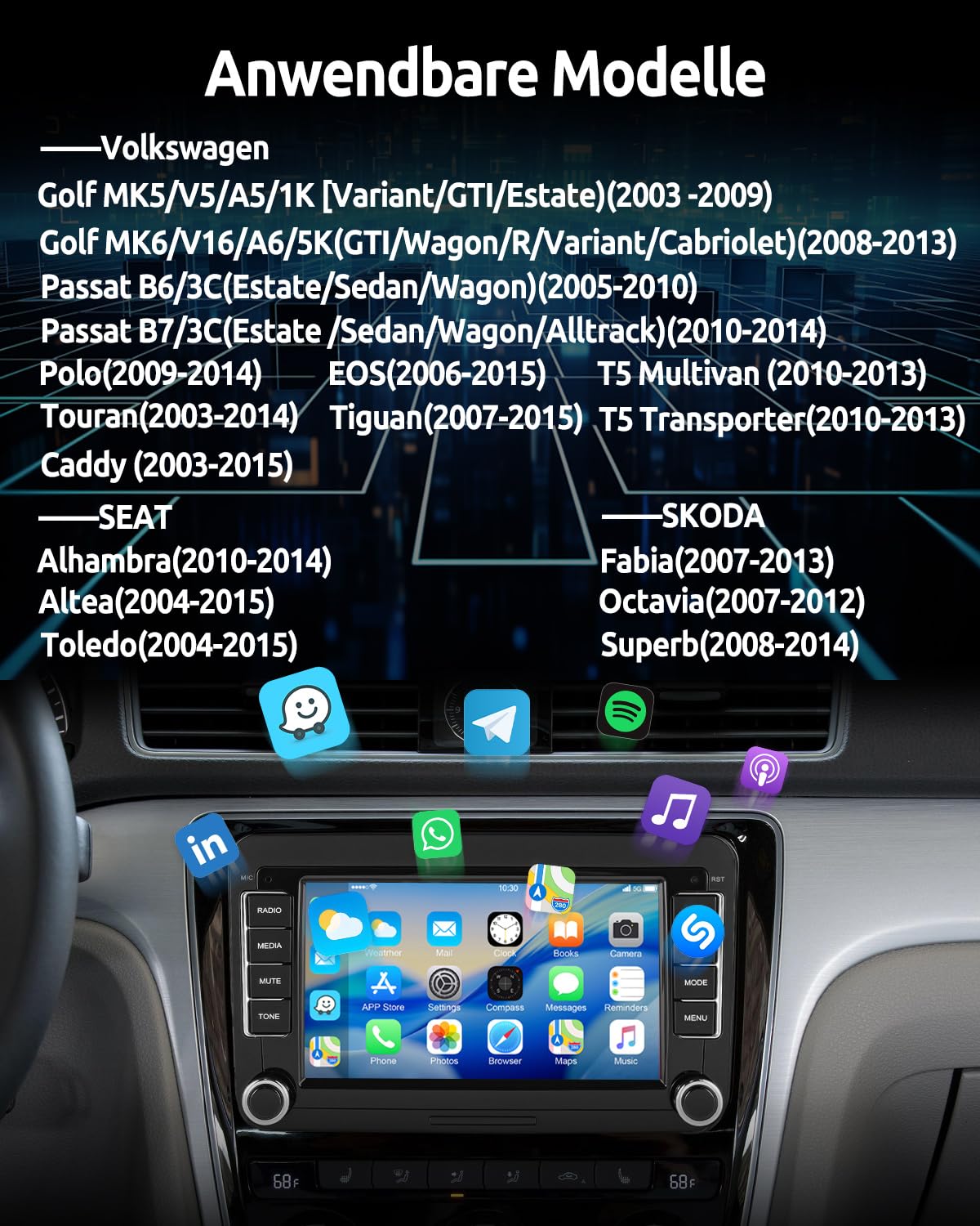 ESSGOO 4+64G Android 15 Wireless CarPlay Android Auto Autoradio Für VW Golf MK5 MK6 Polo Caddy Passat Seat RCD330 RCD360,Bluetooth Radio mit 7 Zoll Touch Screen FM RDS GPS Navi WiFi + AHD Kamera