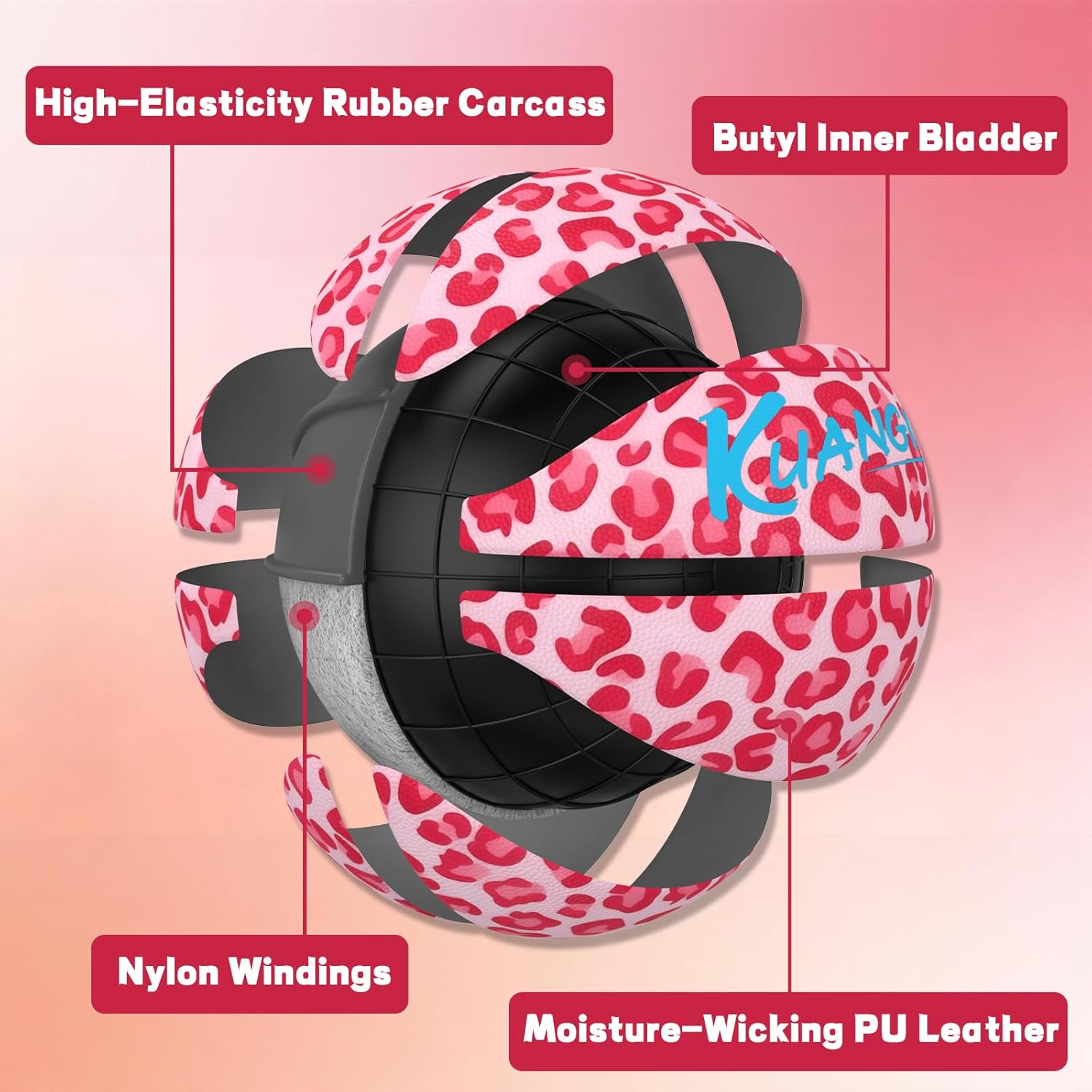 Kuangmi Pink Series Basketball, Premium Design Printed Street Performance Ball, Men's Official Size 7 29.5", ‎Women's Intermediate Size 6 28.5", for Indoor & Outdoor