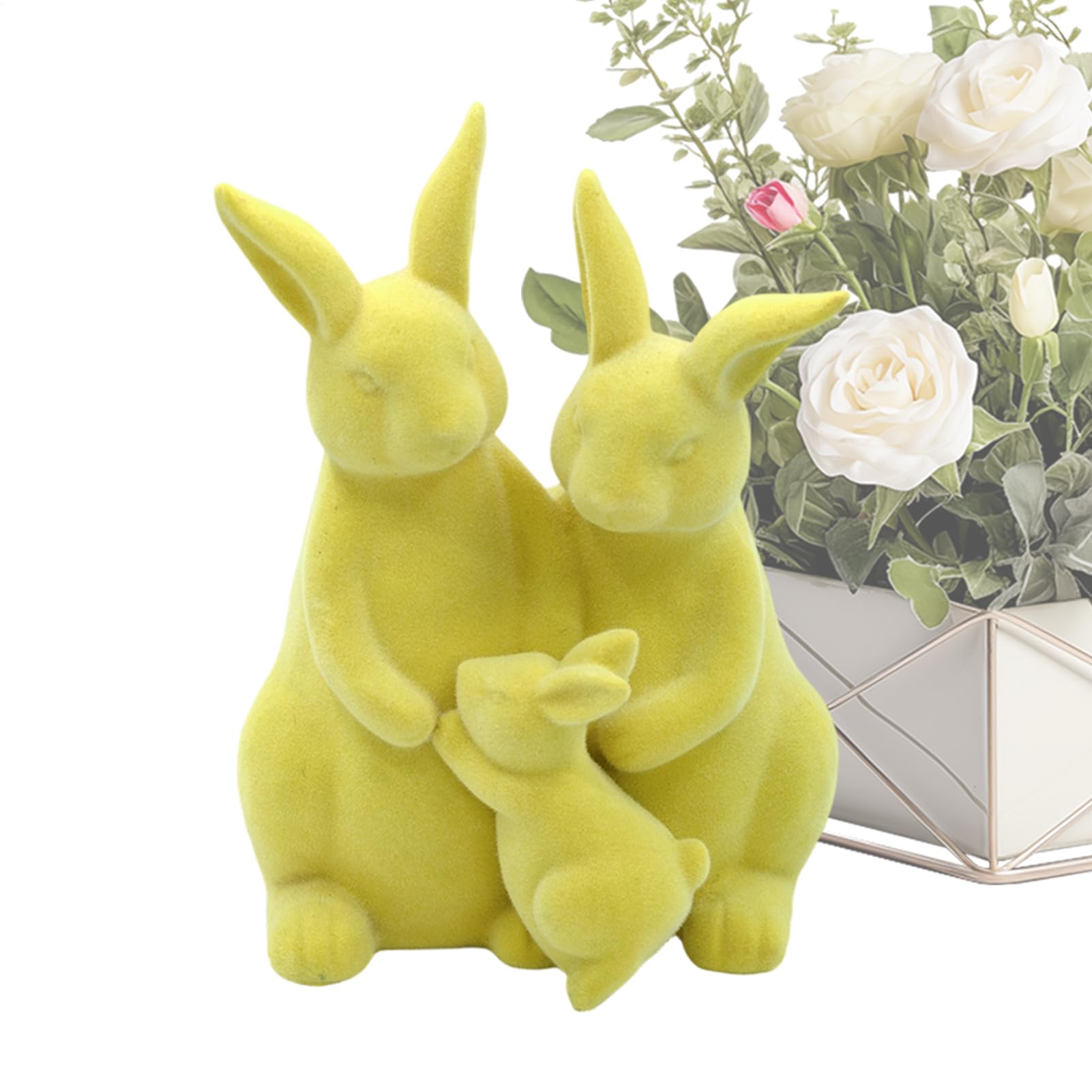 Figurines de Pâques lapin floqué vert pour décoration de table et étagère de salon