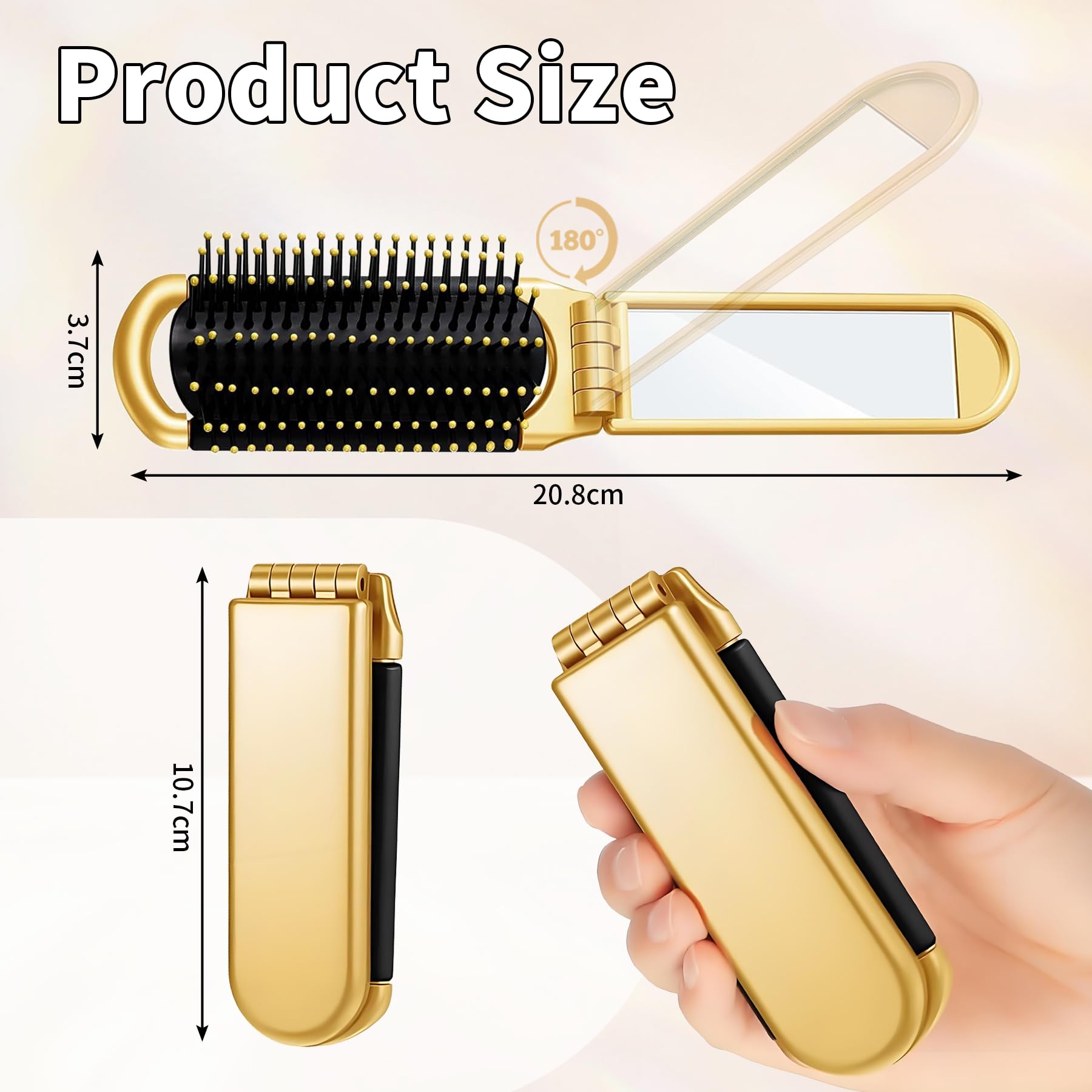 YPYMOD Spazzola per Capelli da Viaggio con Mini Specchio, Pieghevoli Spazzola Pettine per Massaggi Strumenti compatti per Lo Styling dei Capelli per Palestra, Viaggi, Borsa, Nuoto(Oro)