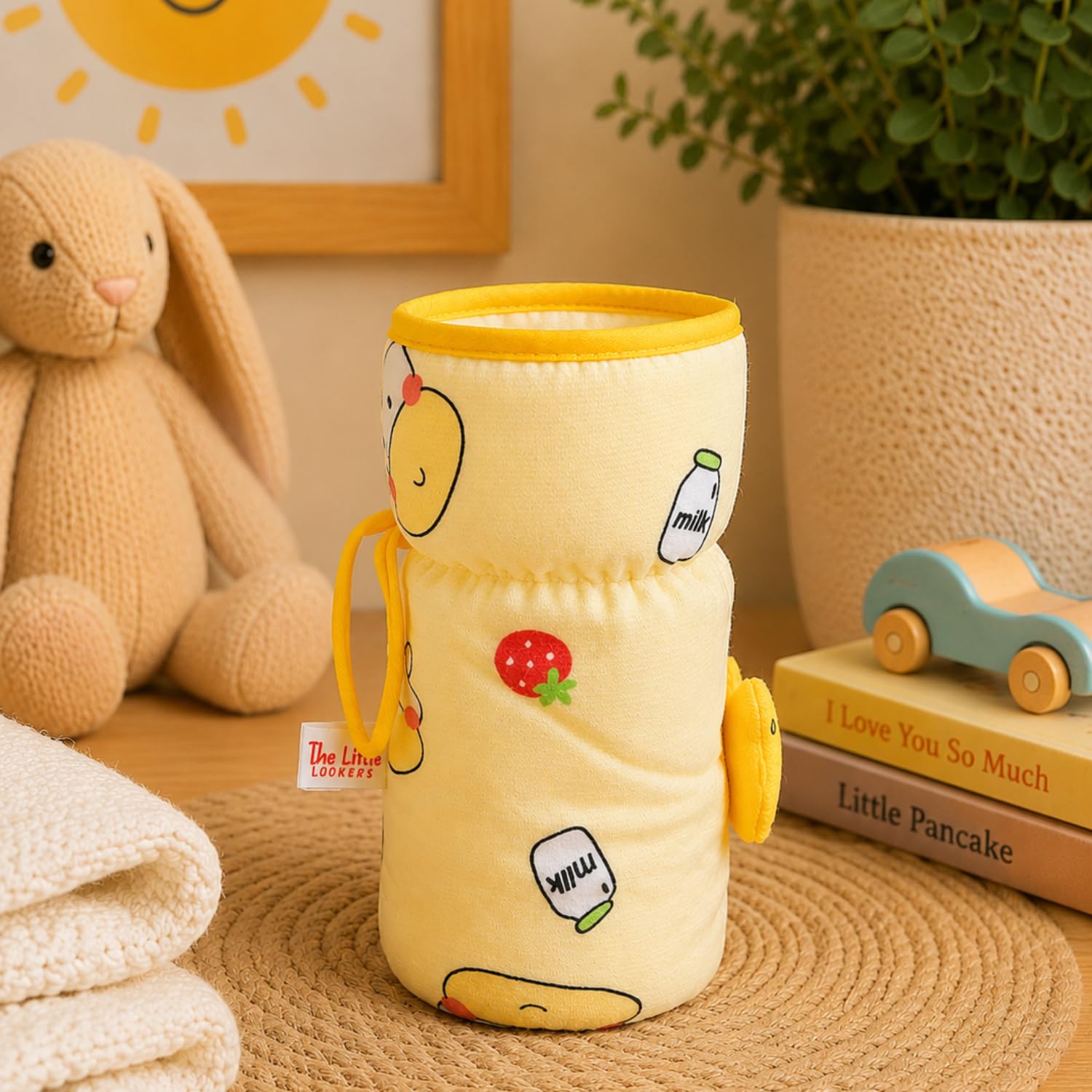 THE LITTLE LOOKERS Soft Plush Stretchable Baby Feeding Bottle Cover with Easy to Hold Strap | Cute Animated Overall Print Pack of 2 (Pink & Yellow, Wide Neck 240-330ml/8-11oz) 1