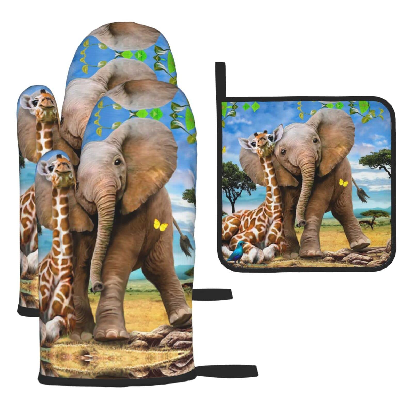 Elephant and Giraffe Oven Mitts and Pot Holder Kitchen Set for Grilling, Cooking, Baking, Heat Resistant