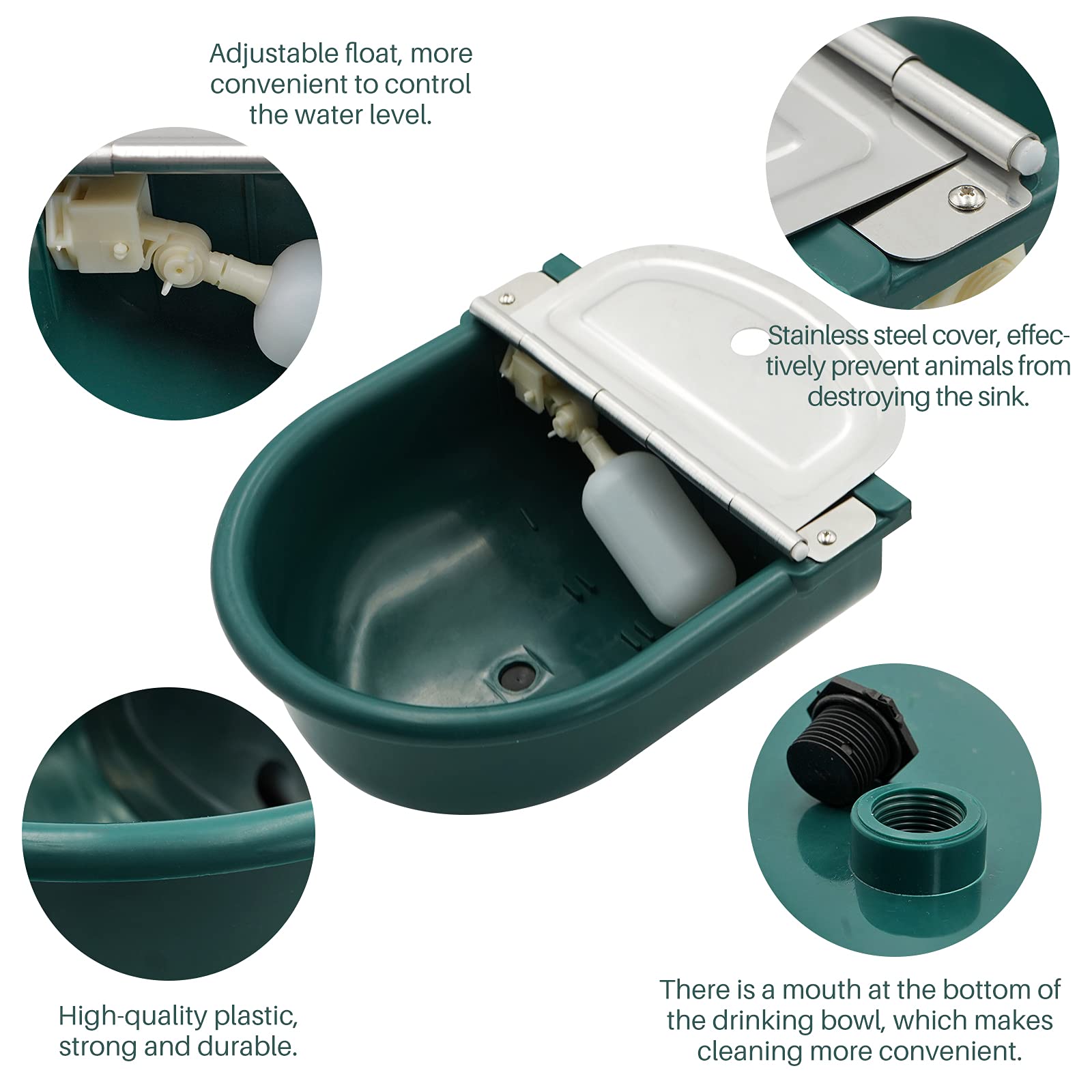 Acquerello automatico grande per cavalli, con valvola galleggiante e tappo di scarico, erogatore automatico di acqua per pecore, cane, cavallo, mucca, maiale in plastica (verde scuro)