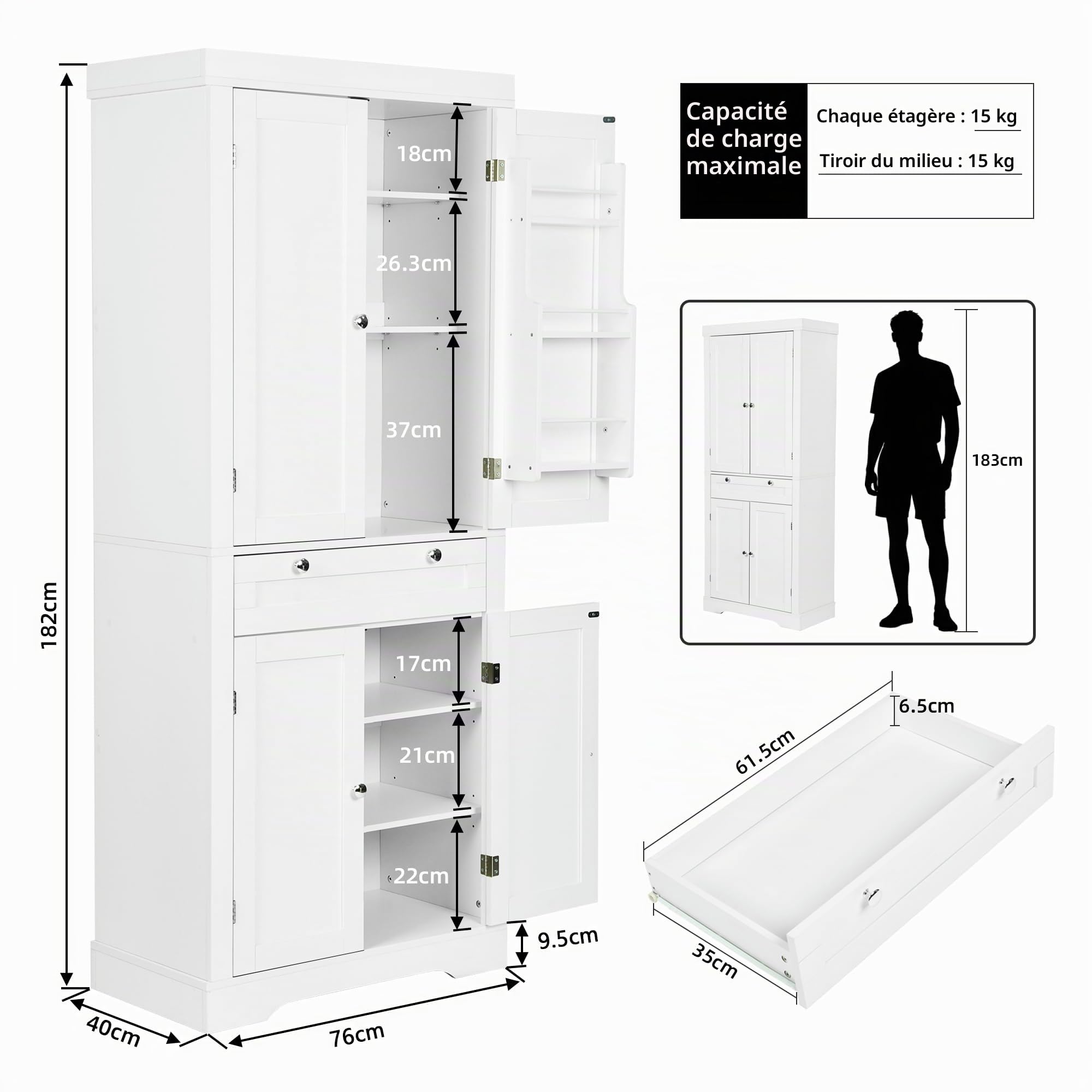 Meuble Cuisine, Buffet Haut Cuisine, Meuble Rangement avec 1 Tiroir et 4 Portes, Garde-Manger Moderne 76x40x182 cm – Panneau de Particules + MDF, pour Cuisine, Salle à Manger ou Salon, Blanc