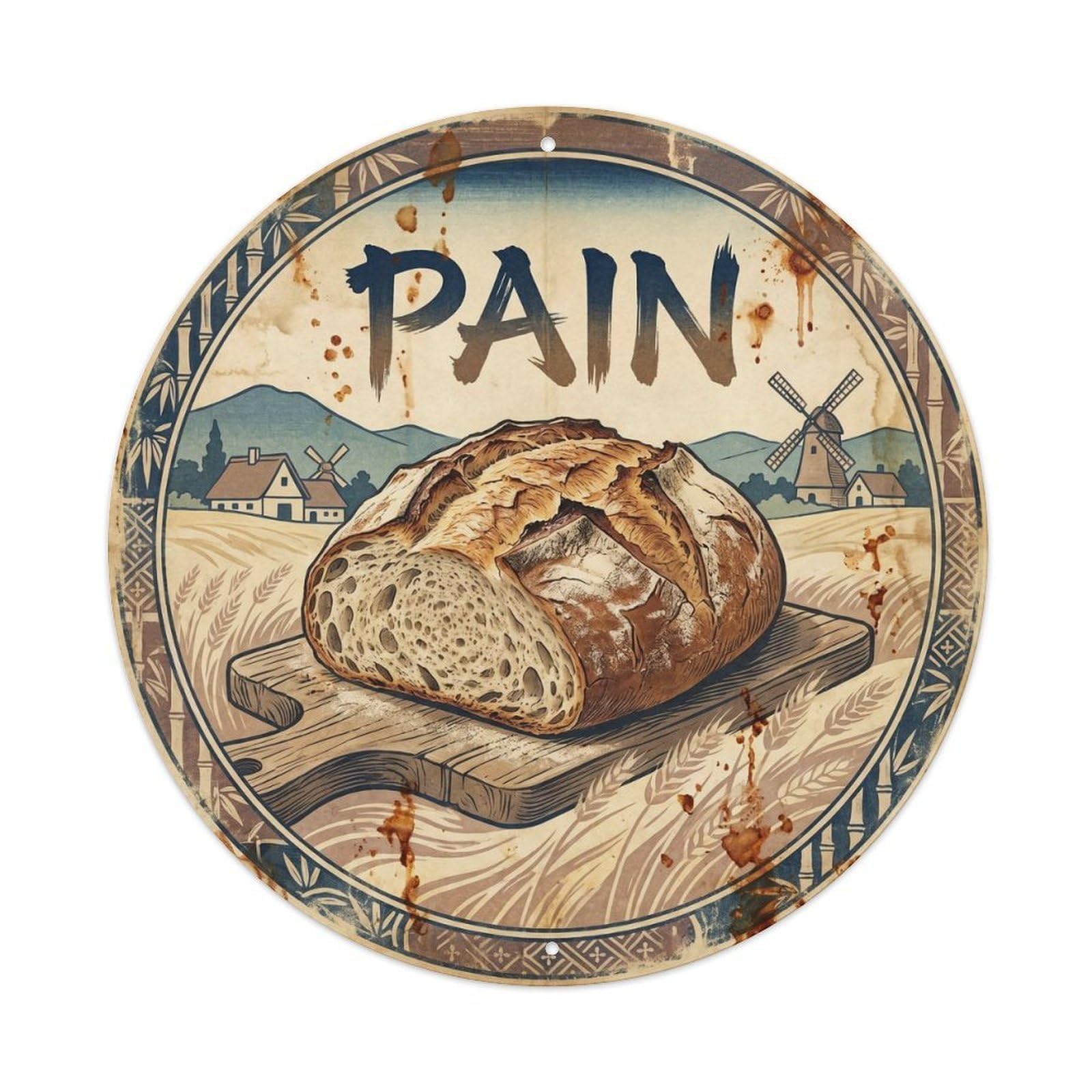 European Bread Loaf Village Bakery Classic Woodblock Metal Tin Sign