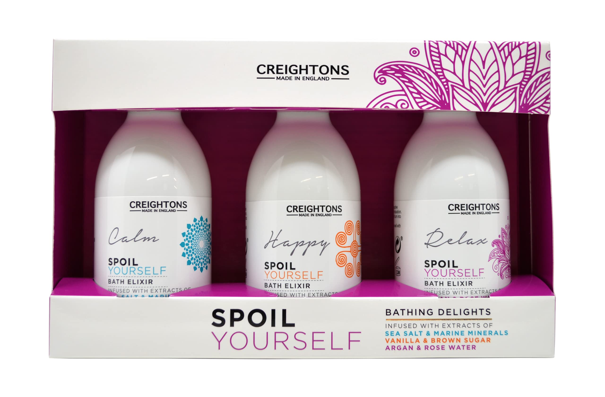 Spoil Yourself Bathing Delights (3 x 100ml Bath Elixirs) - Infused with Extracts of Sea Salt & Marine Minerals, Vanilla & Brown Sugar & Argan & Rose Water. Cruelty Free. Vegan Friendly., Clear