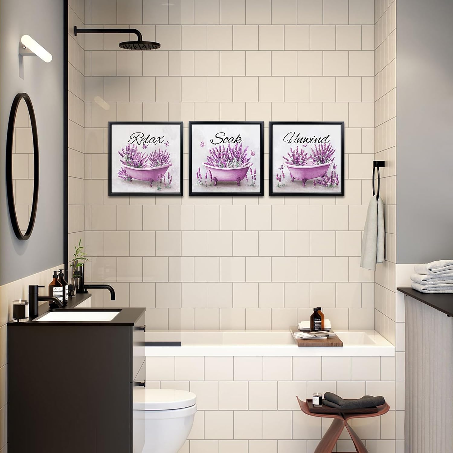 Nachic Wall Framed Lavender Bathroom Wall Art Relax Soak Unwind Bathtub Watercolor Canvas Prints Purple Floral Rustic Farmhouse Spa Wall Decor