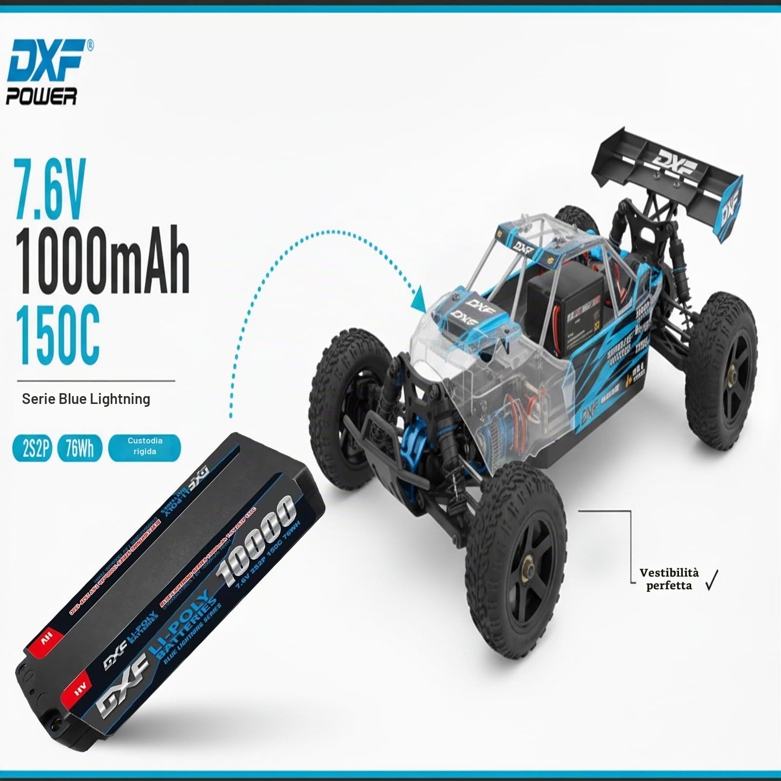 DXF Batteria LiPo 2S 7.6V 10000mAh 150C HV Bullet 5.0mm Spina T Auto RC 1/8 1/10 Truck Buggy Touring Drift Alta Capacità Lunga Durata Gare Racing Competizione Modellismo 2 Pezzi