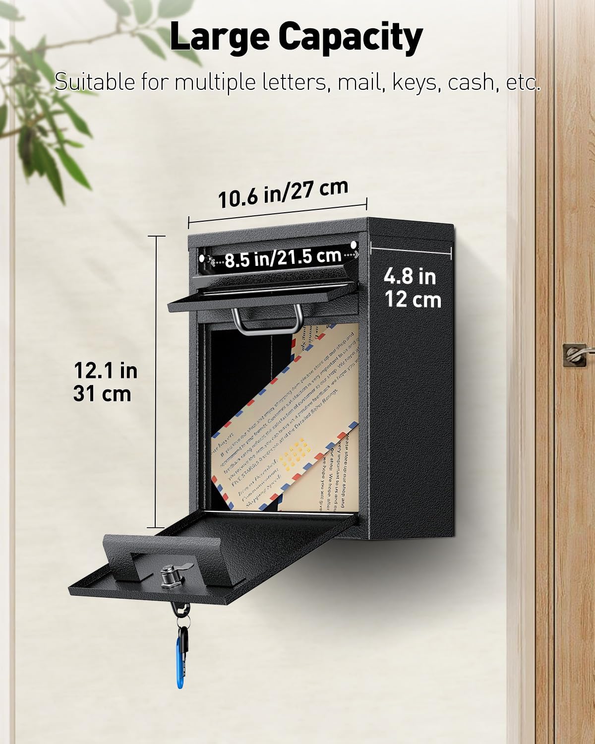 Uniclife Wall Mount Mailbox for Outside, Anti-Theft Heavy Duty Locking Mailbox, Small Mailbox with Key Lock, Security Mail Box, Safe Key Drop Box, Post Box, Steel Cash Drop Box for Home Office, Black Key Lock 12 Inch
