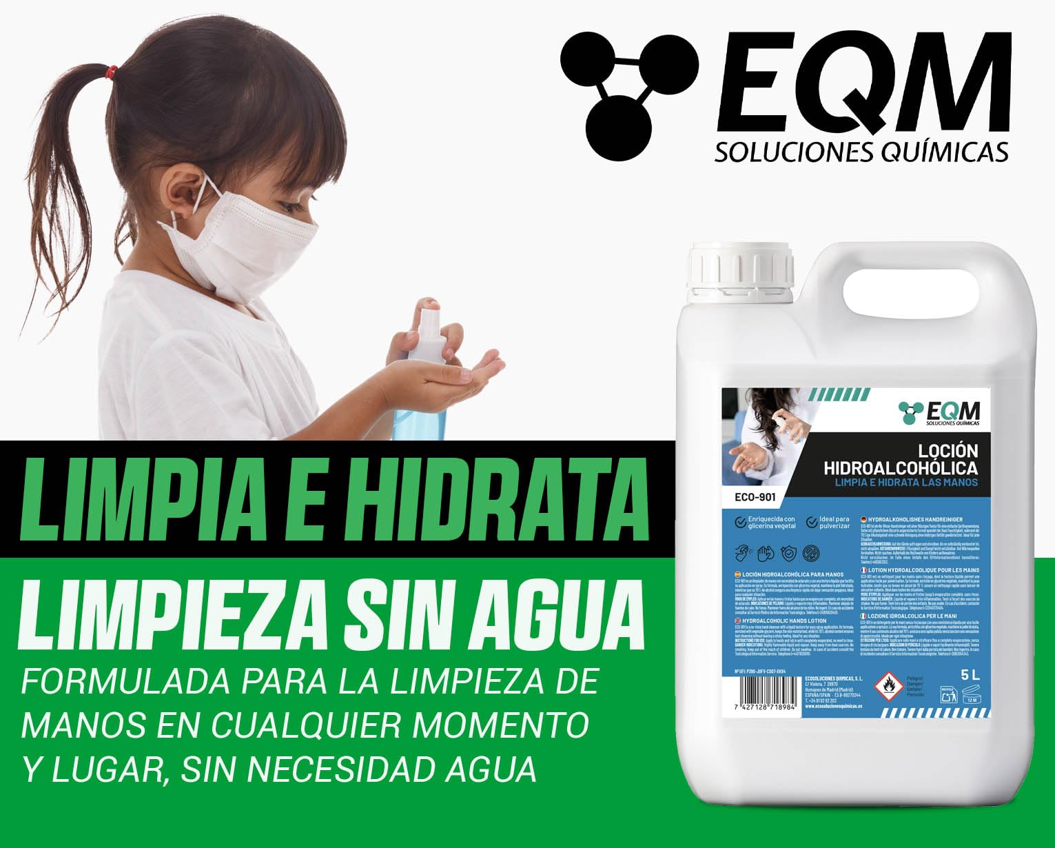 EQM - ECO-901 - Loción Hidroalcohólica para Manos - 5L - Eficacia Certificada por Laboratorio - Limpieza e Hidratación Profunda - Fórmula con Alto Contenido en Glicerina