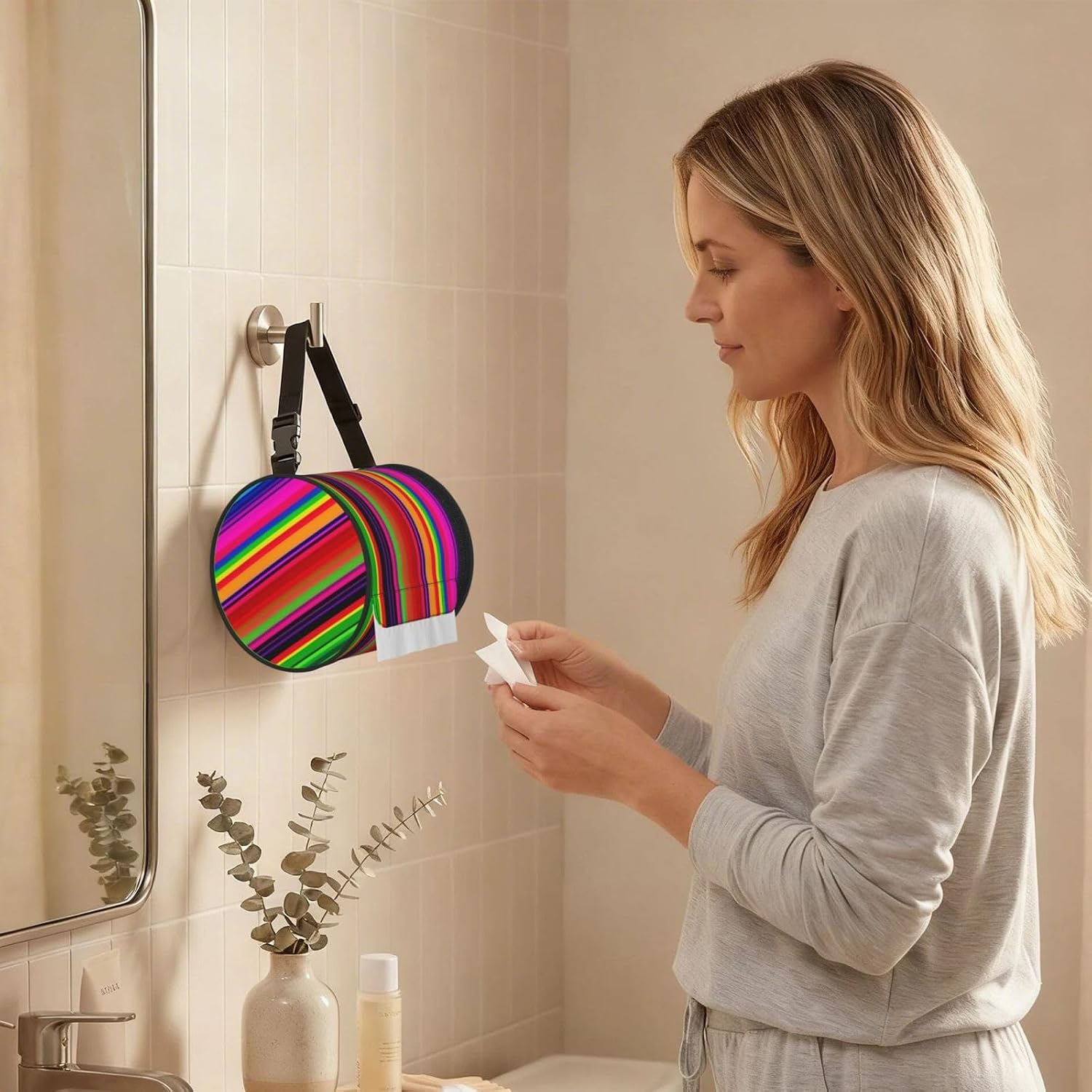 Colorful Mexican Stripes Hanging Toilet Paper Holder Waterproof Tissue Holder Cat Proof Roll Paper Case Cover Portable Foldable Roll Storage Bag with Adjustable Strap for Travel Car Camping Outdoor image 5