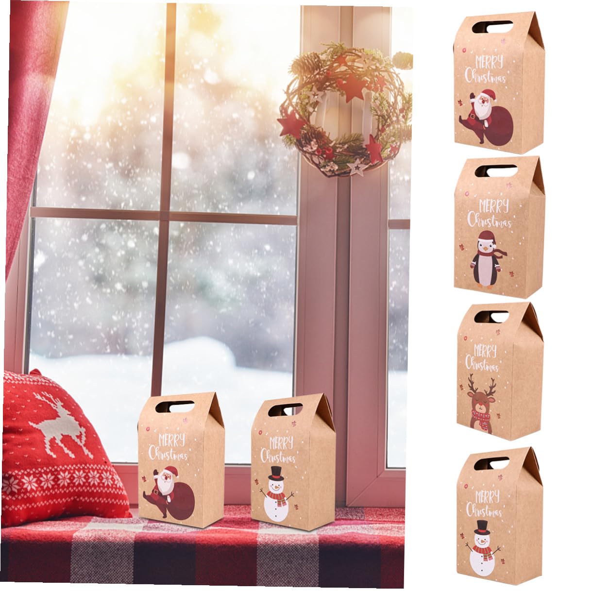TOPPERFUN Bolsas de Papel Kraft para Navidad 24 Piezas 4 Diseños Muñeco de Nieve Papá Noel Pingüino Alce para Galletas y Dulces Reutilizables y Plegables Adecuado para Embalaje