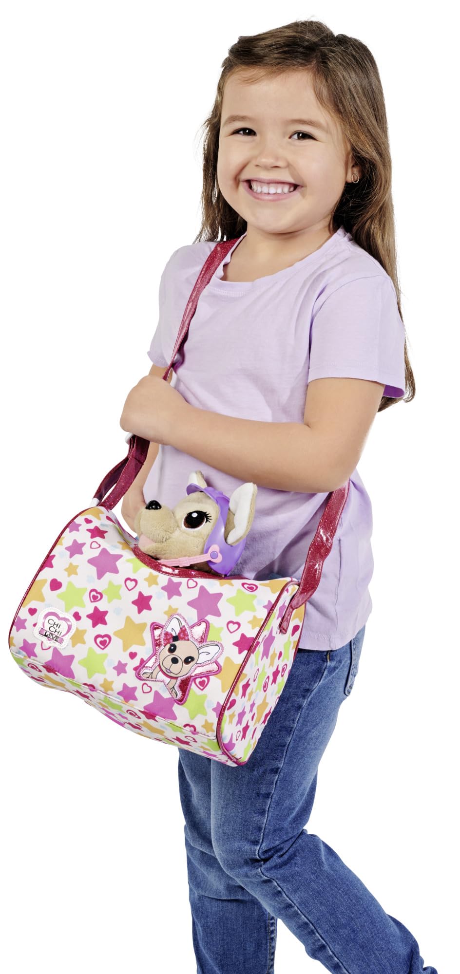 Simba Chi Chi Love Grand Tour Chien en Peluche Chihuahua avec Casque dans Un Sac de Transport Cool pour vélo ou Guidon de Scooter, 20 cm, à partir de 3 Ans