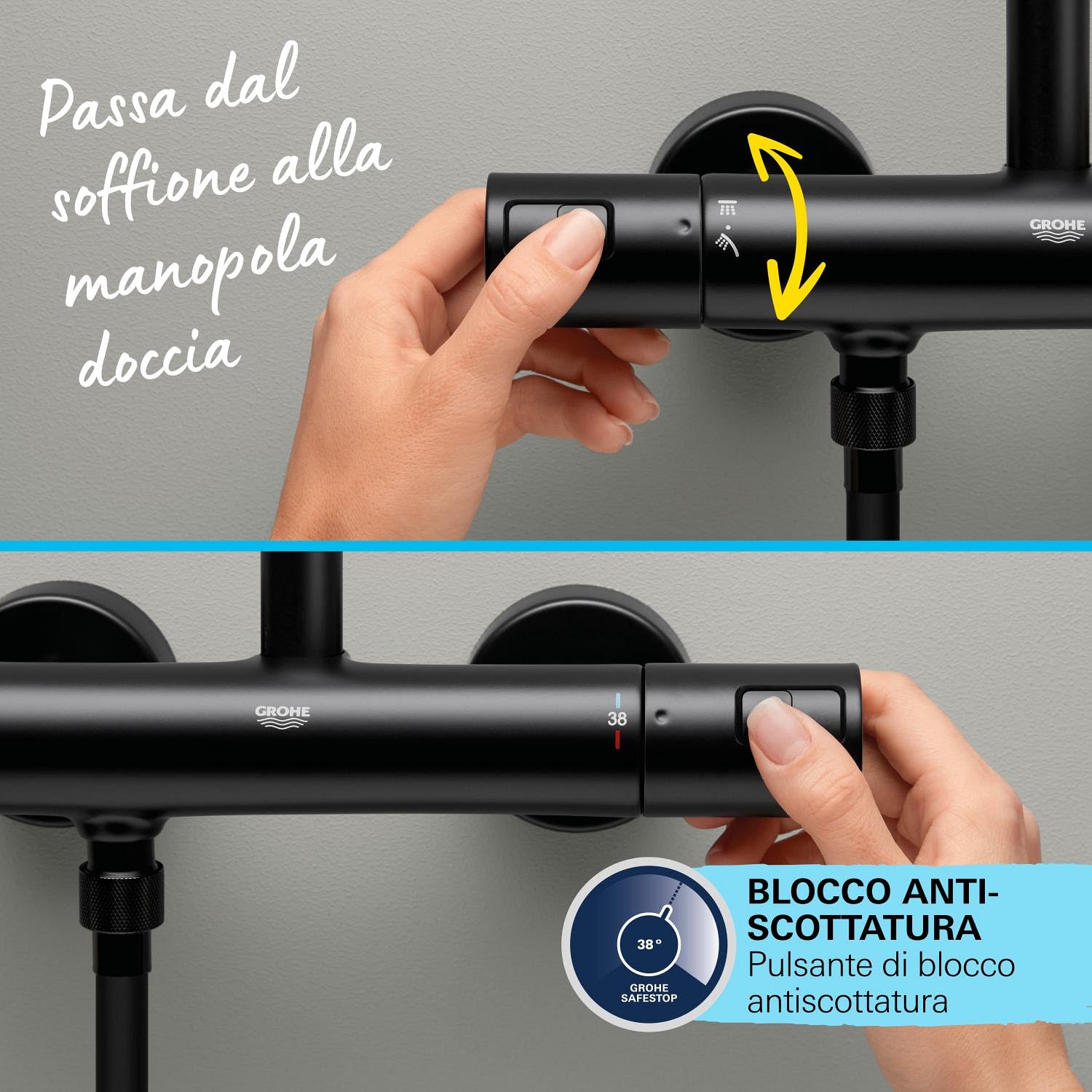 GROHE Vitalio Start 250 – Sistema doccia con termostatico (soffione doccia tondo da 25 cm 1 getto, doccetta tonda da 11 cm 2 getti, flessibile da 1,75 m, risparmio idrico), nero opaco, 266772431