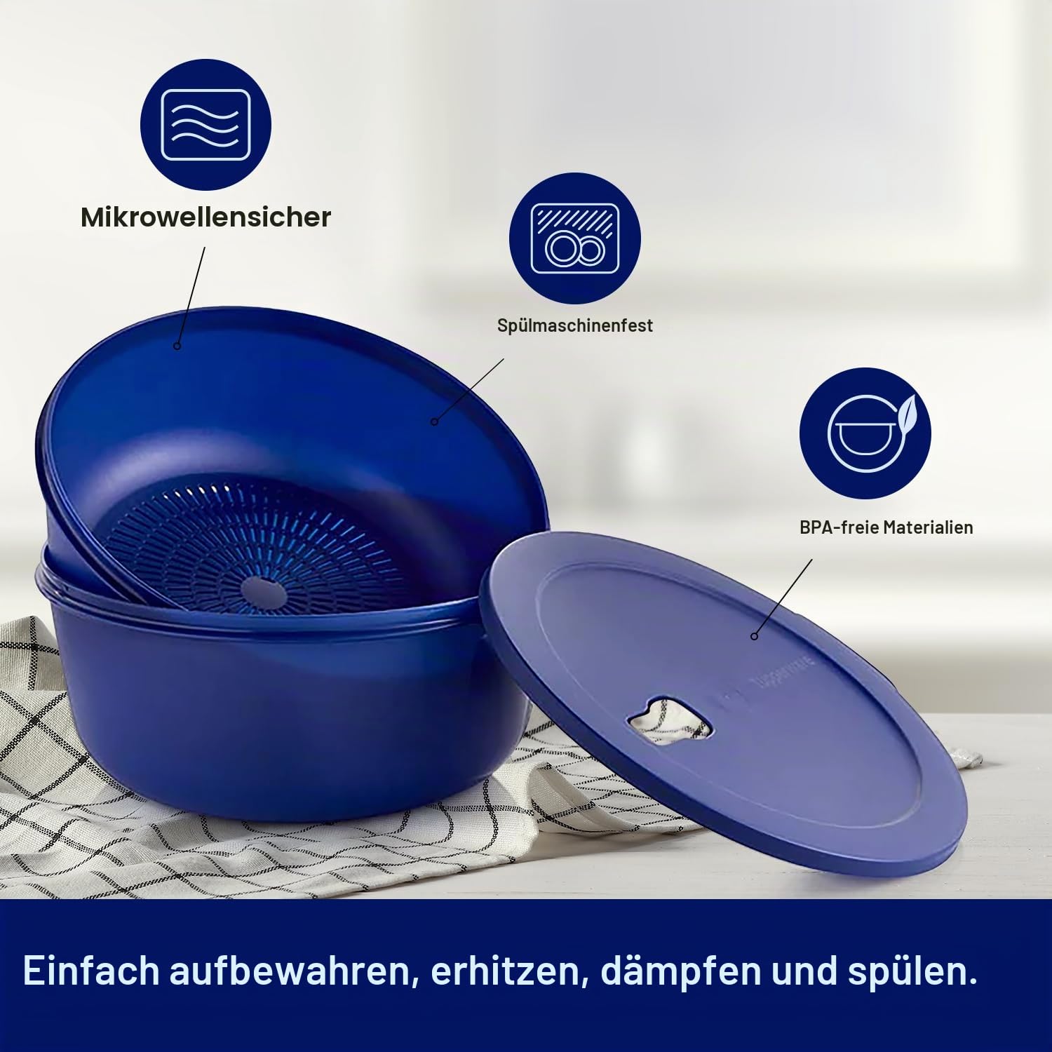 Tupperware Store Serve & Go CrystalWave Schüssel mit Sieb und Entlüftung, zum Vorbereiten, Kühlschrank und Aufwärmen von Mahlzeiten, spülmaschinen- und mikrowellengeeignet, BPA-frei (3,8 l / 16