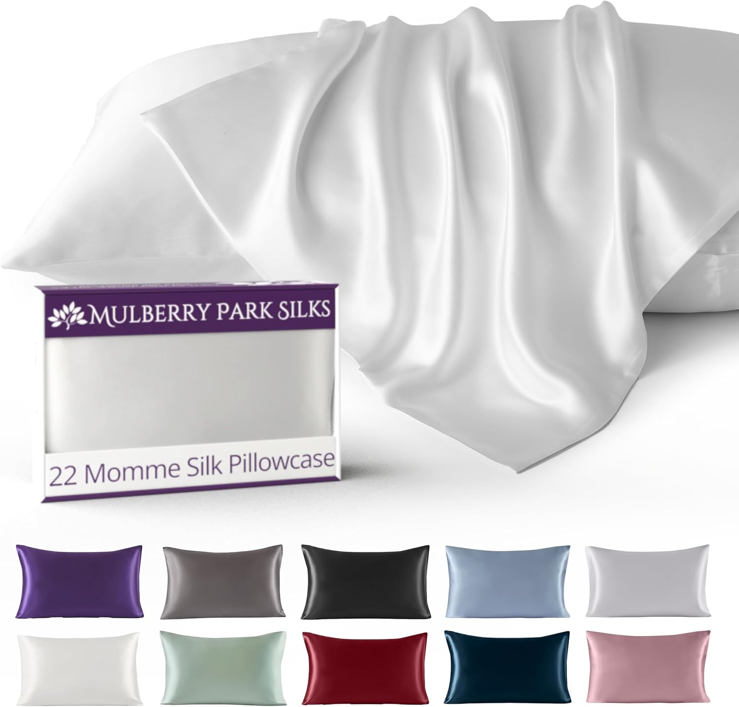 Mulberry Park 100% Silk Pillowcase - 22 Momme, Grade 6A Mulberry Silk - Deep Envelope Closure - White/King (20" x 36")