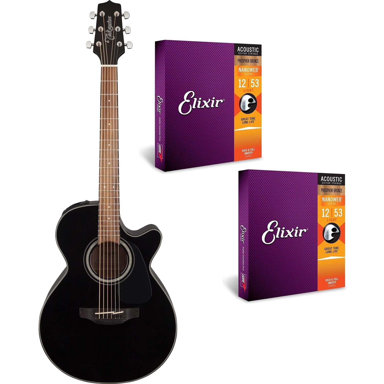 GF30CE Acoustic-Electric Guitar, Black, (2) Elixir Strings 16052 Bundle