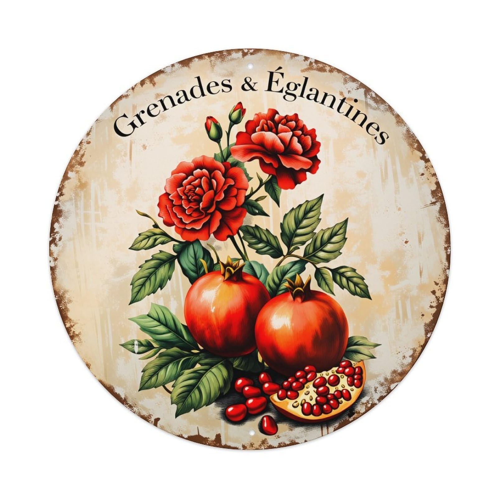 Pomegranates Roses Leaves Seeds Fruit Vintage Metal Tin Sign Retro Wall Decor for Home Bar Garage Cafe, Indoor & Outdoor Decorative，circle Metal Poster, 8x8 Inch