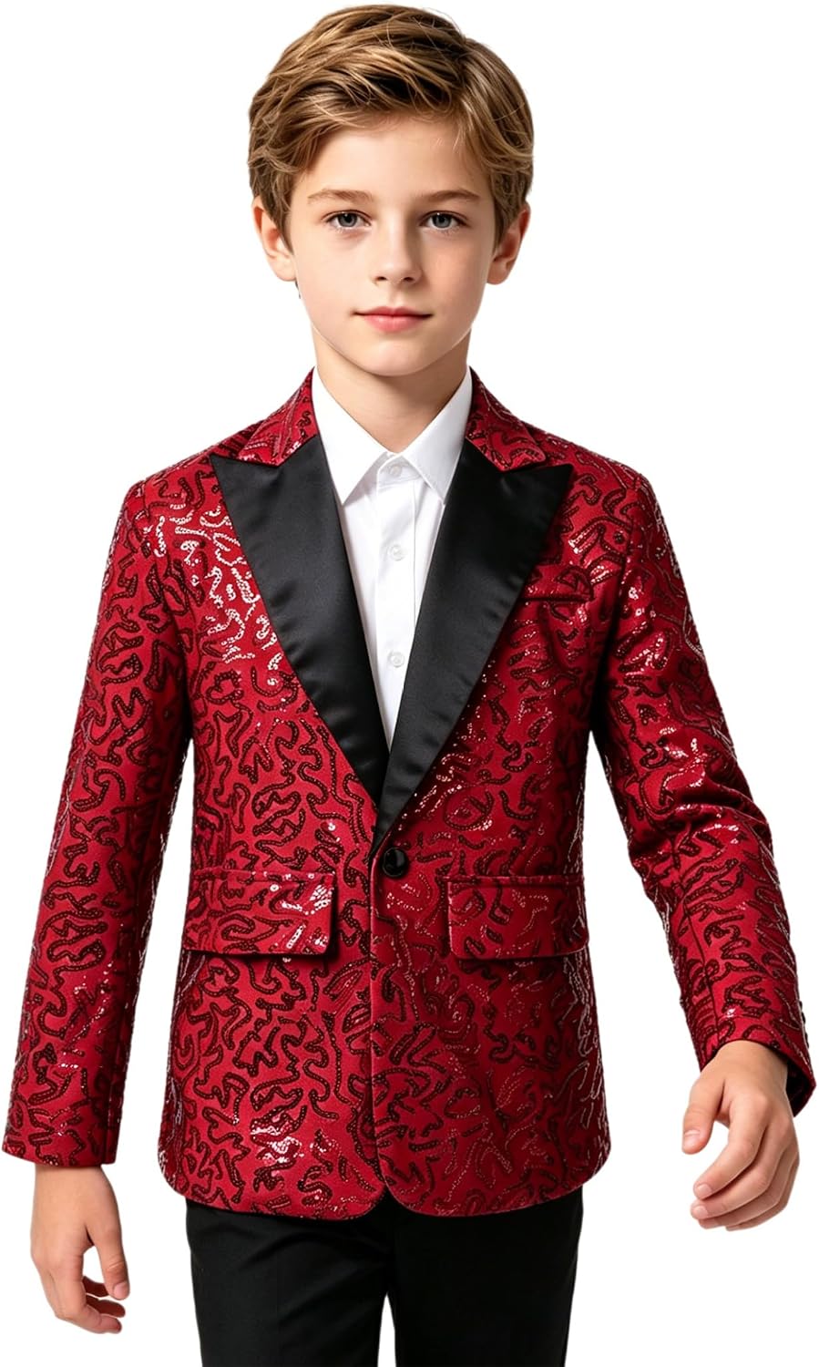 Linjinx Kids Boys Shiny Sequins Lapel Jacket Coat Tuxedo Blazer Jacket Wedding Banquet Birthday Cosplay Party Dress Up