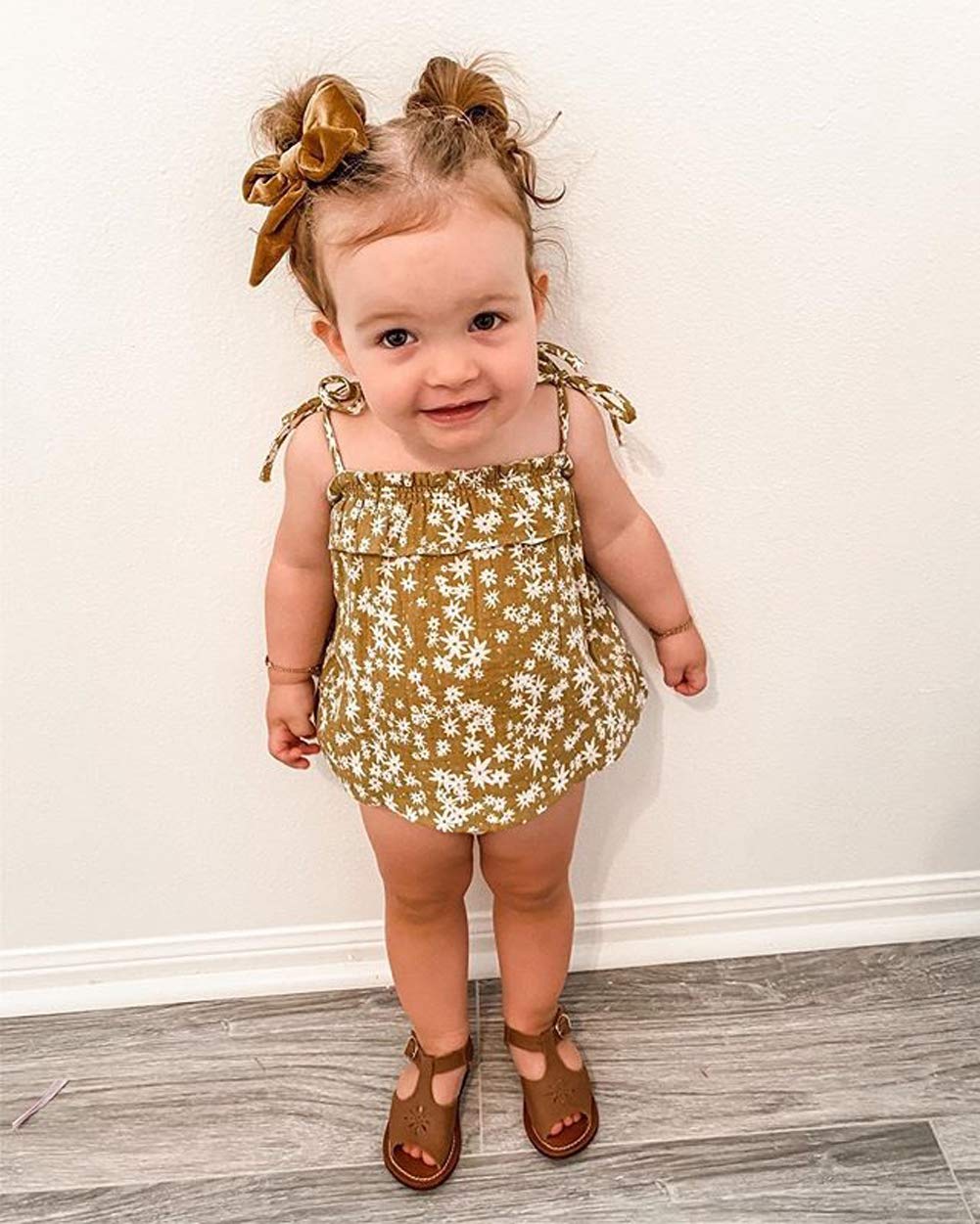Cute Baby Girl Sleeveless Straps Romper Ruffled Floral Jumpsuit with Headband Summer Clothes Sunsuit (Yellow, 12-18 Months)
