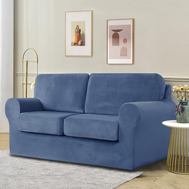 OKYUK Stretch Velvet Sofa Cover,Slipcovers for Sofas with Separate Cushions and Backrests Covers, with Elastic Adjustment Band Slipcover (Blue, 2 Seater-5Pieces)
