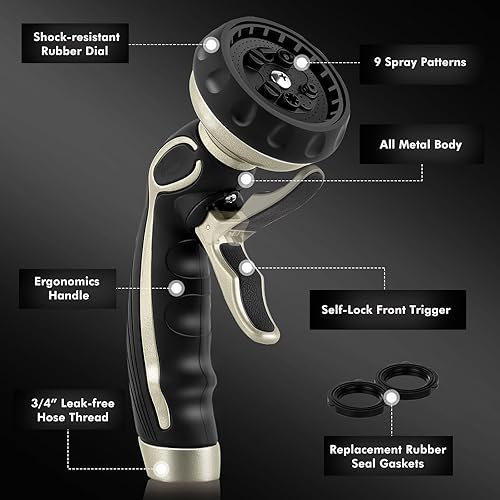 Miniatura 3 de RESTMO Boquilla de manguera con gatillo de autobloqueo fácil, rociador de manguera de agua de metal resistente con 9 patrones de pulverización y