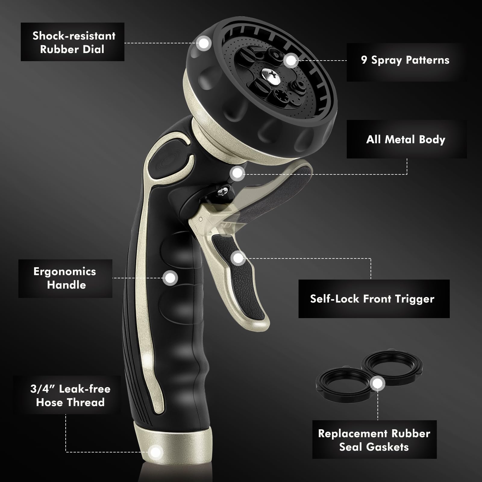 RESTMO Buse de tuyau avec déclencheur autobloquant facile, pulvérisateur de tuyau d'arrosage en métal robuste avec 9 modes de pulvérisation et valve marche/arrêt, idéal pour arroser la pelouse et le