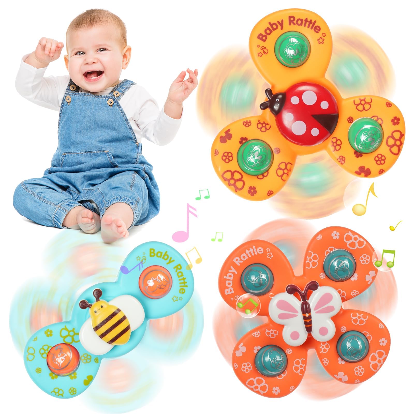 Ainiv 3PCS Rotating Toy with Suction Cup, Spinner Drink Suction Cup | Interesting Baby Bath Toys, Spinner Sensory Toys for Babies Children from 1 to 3 Years Old (Bee, Butterfly, Ladybug)