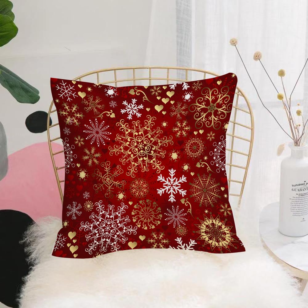 HYMSXW Cushion Cover,Throw Pillow Case Home Decorative for Living Room Bedroom Sofa Chair 20X20 Inch,Christmas red pattern with gold and white snowflakes,Pillowcase 50X50cm