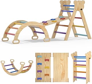 Juego de triángulos grandes de Pikler, 5 en 1, plegable, para bebé, gimnasio, escalada Montessori, juego de escalada de madera para niños pequeños con arco, rampa, escalera, arco iris