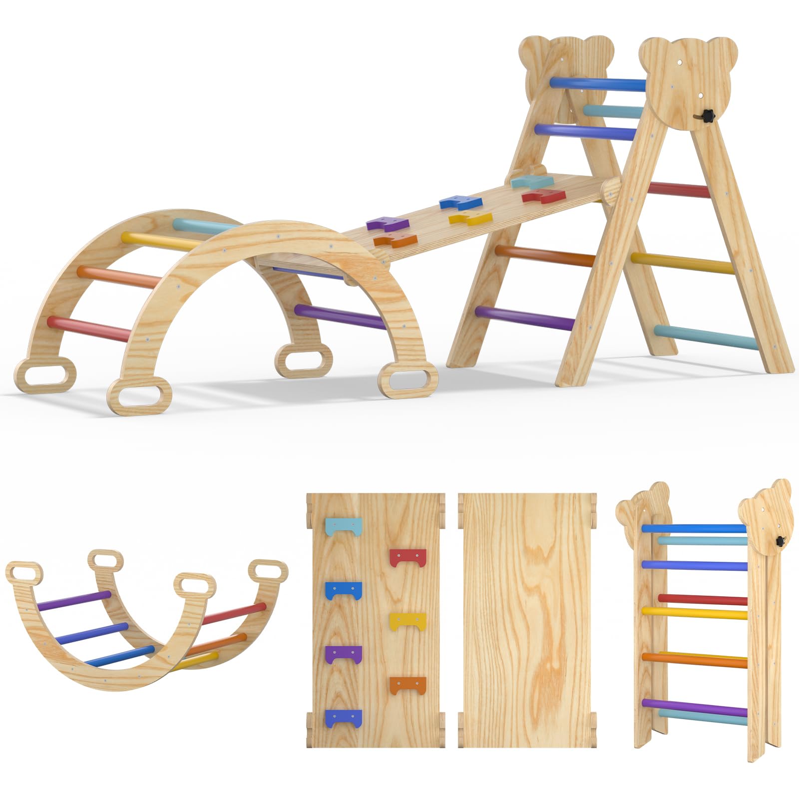 Large Pikler Triangle Set, 5 in 1 Foldable Baby Climbing Gym Indoor Montessori Climbing Set Wooden Toddler Climbing Toys with Arch, Ramp, Ladder, Rainbow