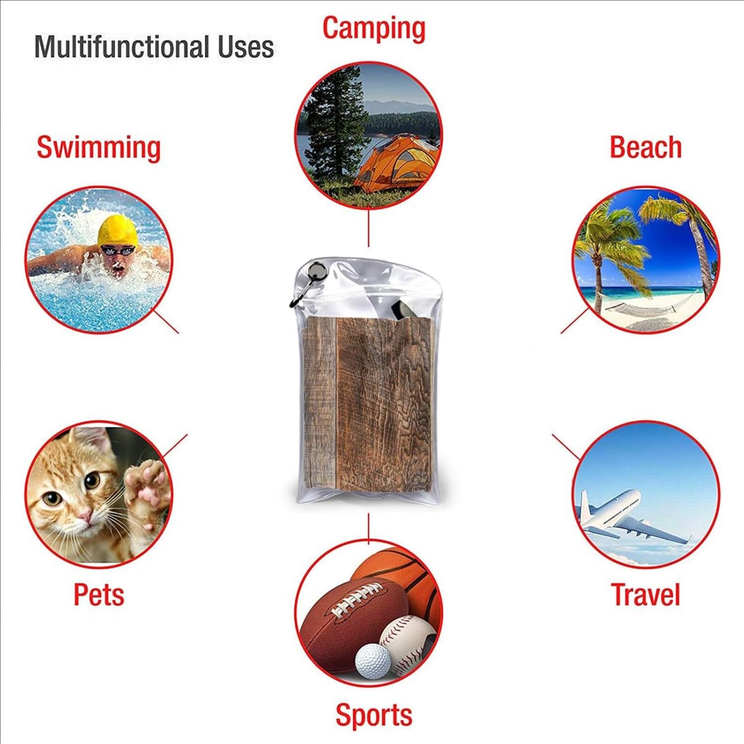 Brown Wood Print Quick Dry Towel with Hanging Loop and Storage Bag for Travel, Gym, Camping