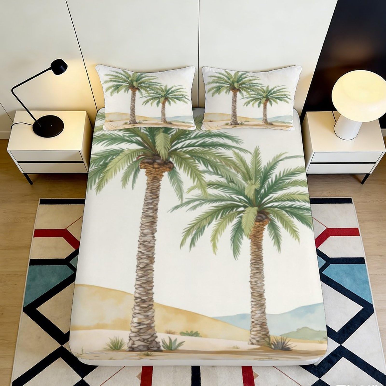 3D Printed Palm Tree Fitted Sheet Microfiber Non-Slip Deep Pocket Palm Tree Mattress Fitted Cover Bedroom Bedding for Adults 140x200x25cm