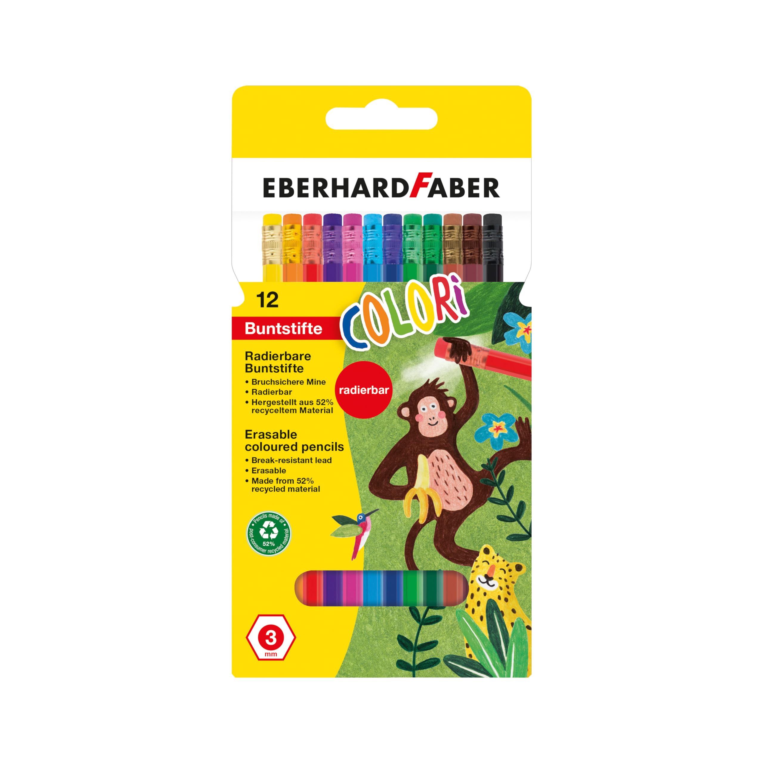 Eberhard Faber Colori 514817 Colouring Pencils Set, 12 Erasable Colouring Pencils, Hexagonal Shape
