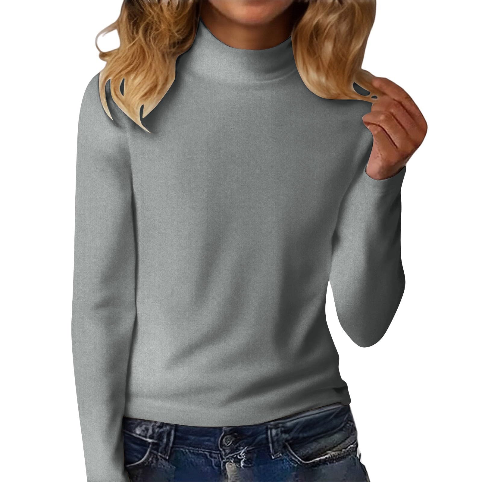 Camiseta Mujer Manga Larga Original Tops de Cuello Alto Primavera Otoño Color Sólido Sueltos Jersey T-Shirt Camisetas Basicas Pullover Deporte Fiesta Cómodo Casual Camisetas Interior Diario