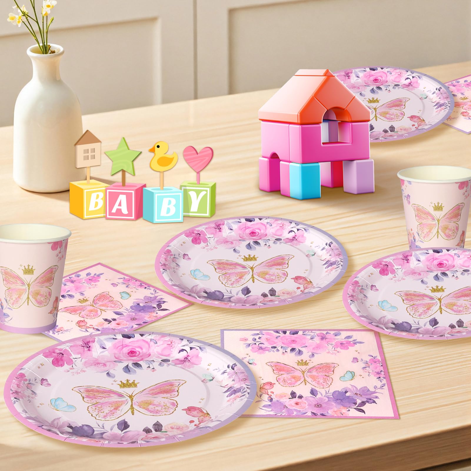 Set 52 pezzi tema farfalle lavanda Piatti, bicchieri e tovaglioli per decorazione compleanno magica con motivi floreali, per 16 ospiti