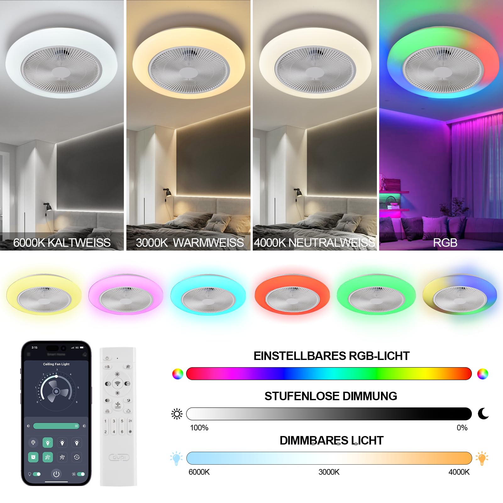 LEONTYNE Ventilador de techo inteligente RGB de 50 cm con iluminación, aplicación y mando a distancia, 7 RGB + 3 CCT regulable, motor DC silencioso, temporizador de memoria reversible, plano para