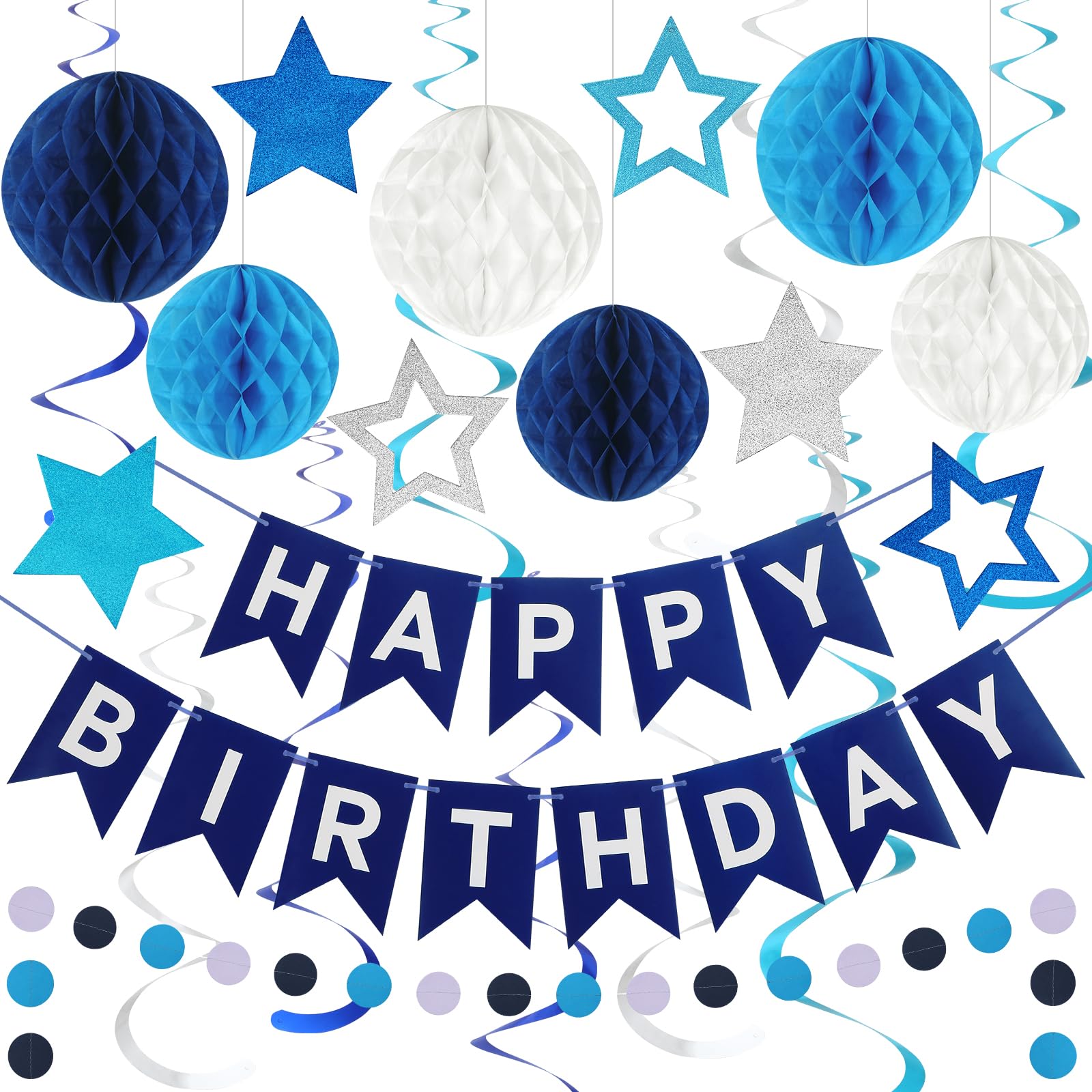 ASTNIC Wiederverwendbare Geburtstagsdeko, Pastell Party Deko, Marine Blau Happy Birthday Girlande mit Wabenbälle Wimpelkette Geburtstag Pompons Deko, Geburtstag & Party Zubehör