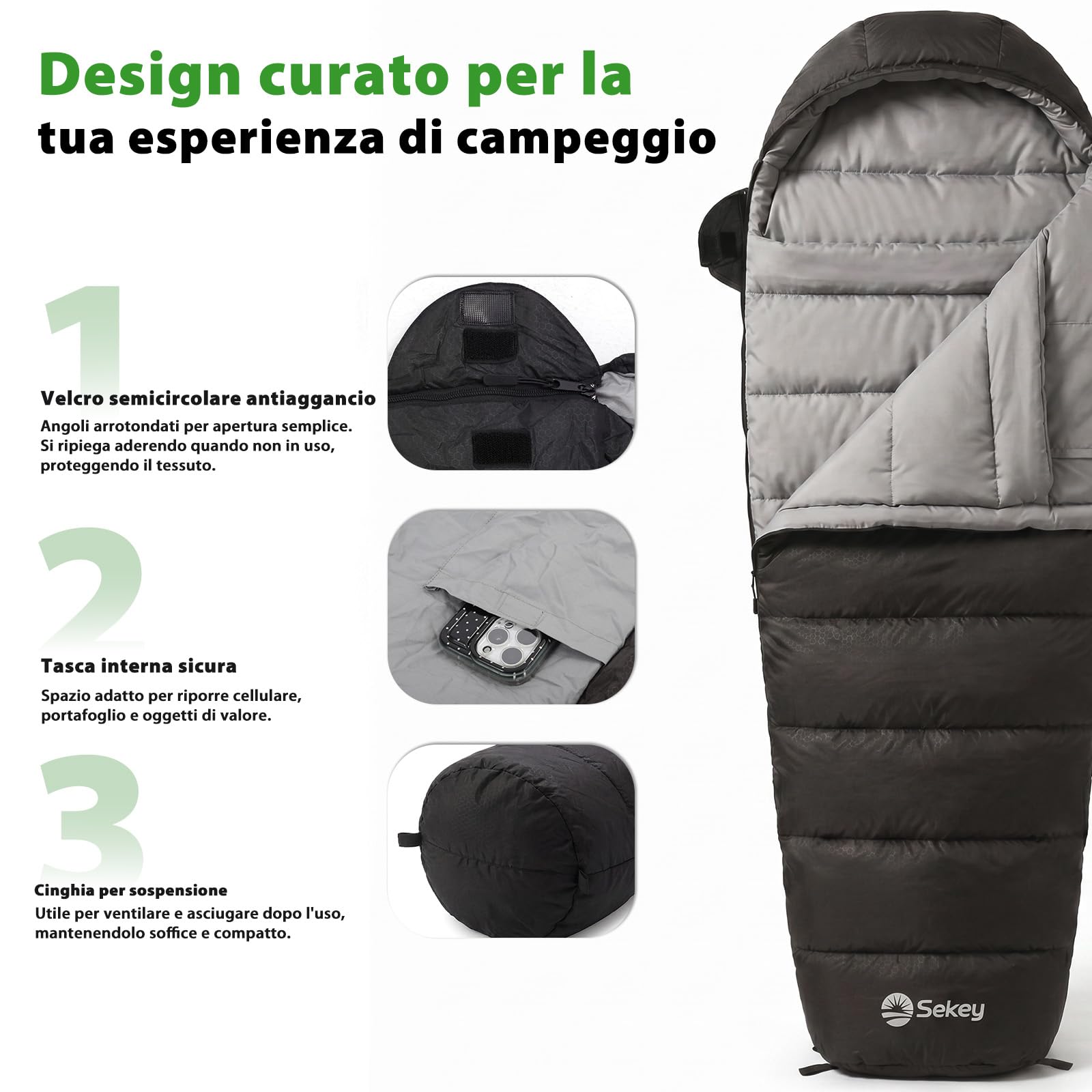 Sekey Sacco a Pelo Adulto, 0,9 kg/1,6 kg, 4 Stagioni o Estivo, Sacco a Pelo Compatto e Ultraleggero, Con Cerniera Anti-impigliamento, Idrorepellente, Antistrappo, Campeggio, Viaggio, 220x80x50 cm