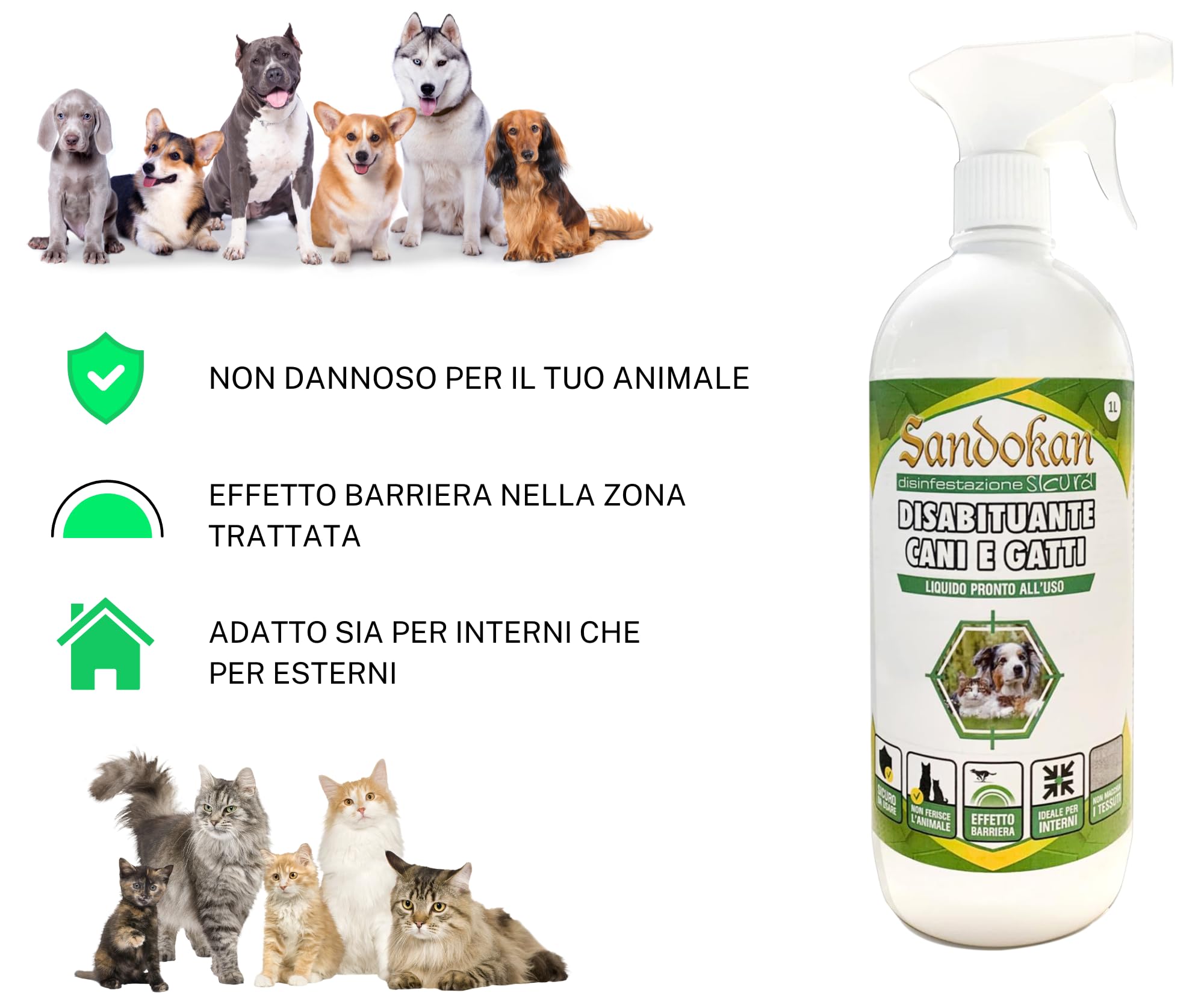 Sandokan, Disabituante Cani e Gatti Spray 1L, Repellente per Gatti e Cani Educativo No Gas, Dissuasore per Gatti e Cani Liquido per Esterno e Interno, Non Tossico, Sicuro Per Animali, Made in Italy
