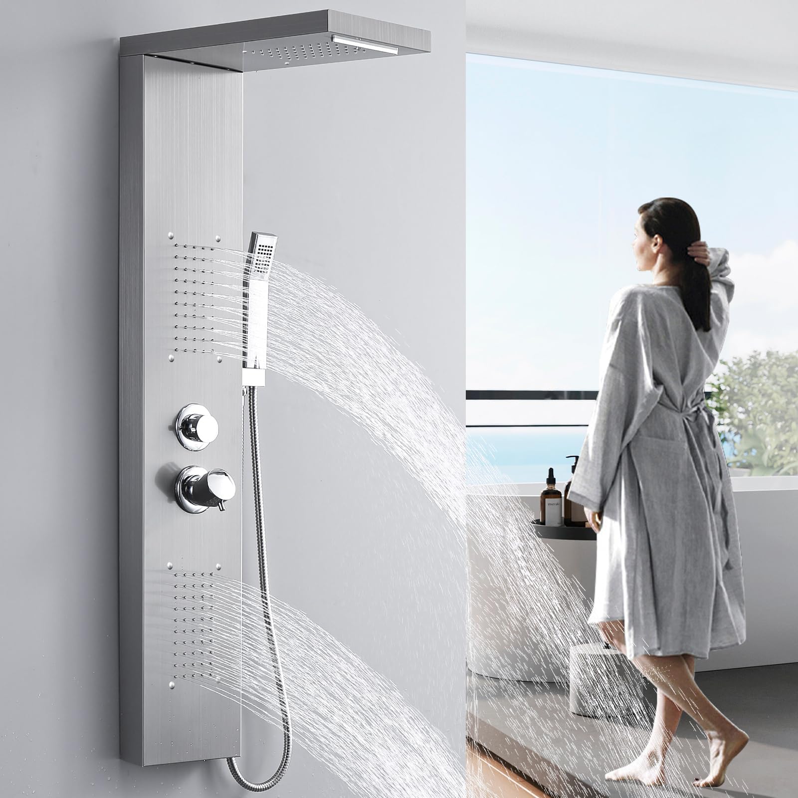 HOMELODY Duschpaneel, 4-Funktion Duscharmatur Komplettset mit Duscharmatur, einschließlich Regendusche, Massagedusche, Handbrause und Wanneneinlauf, geeignet für das Badezimmer, aus Edelstahl