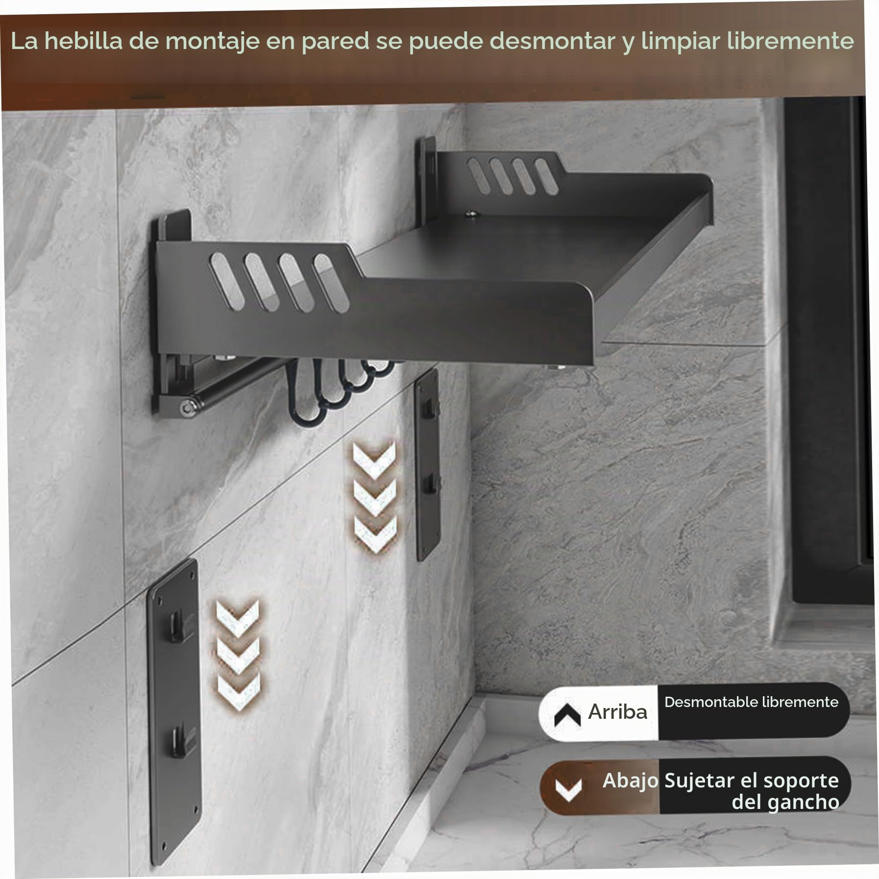Montaje de pared de 14x20 pulgadas de microondas, estante de acero de carbono de carga de 110 libras con 6 ganchos para organizador de cocina, perforación/adhesivo instalar negro, soporte de pared