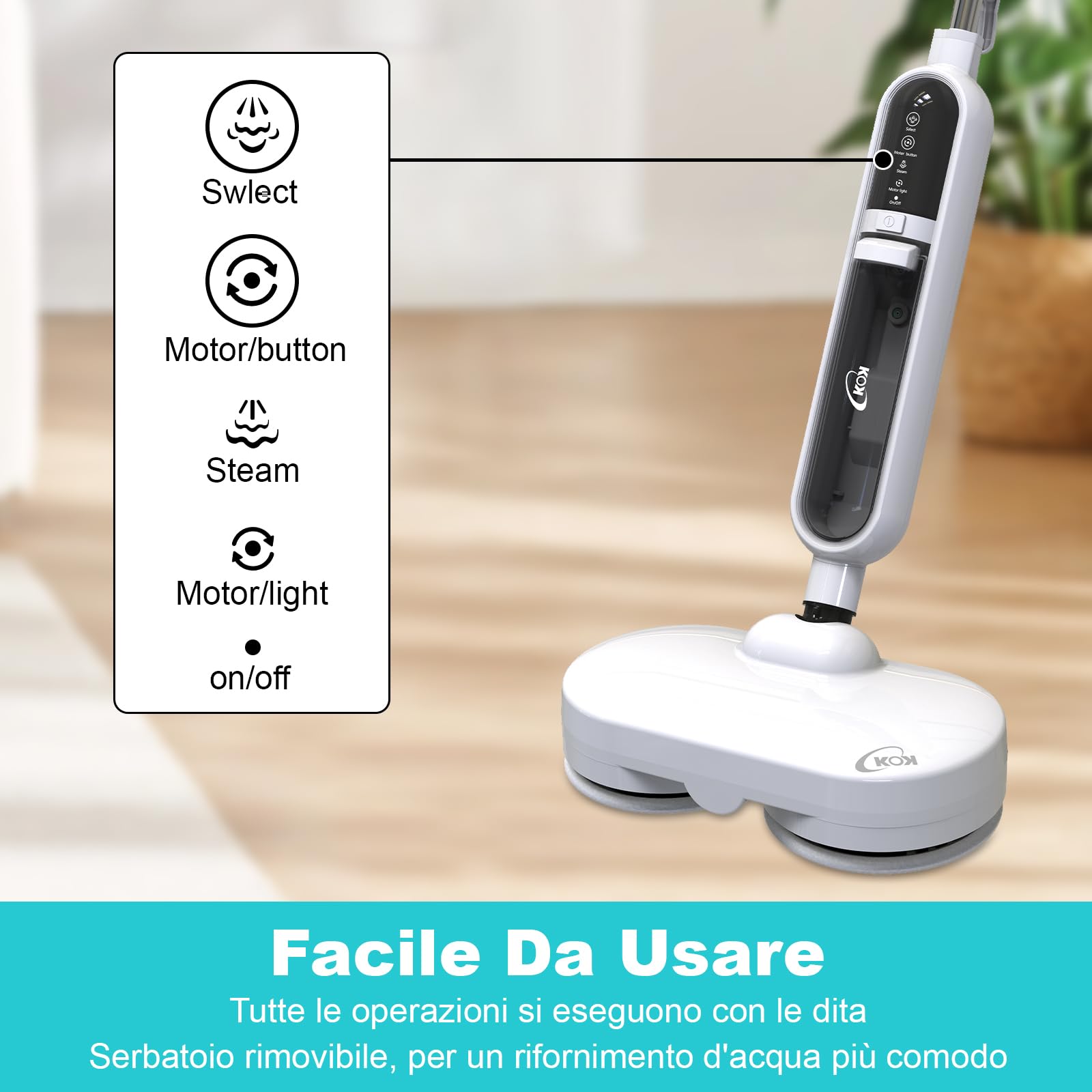 KOK 10-in-1 Scopa a Vapore, Mop a Vapore con Funzione Rotante, Vapore ad alta temperatura, 500 ml Capacità, 15 Accessori, 10 secondi Riscaldamento, per camere da letto, cucine e soggiorni