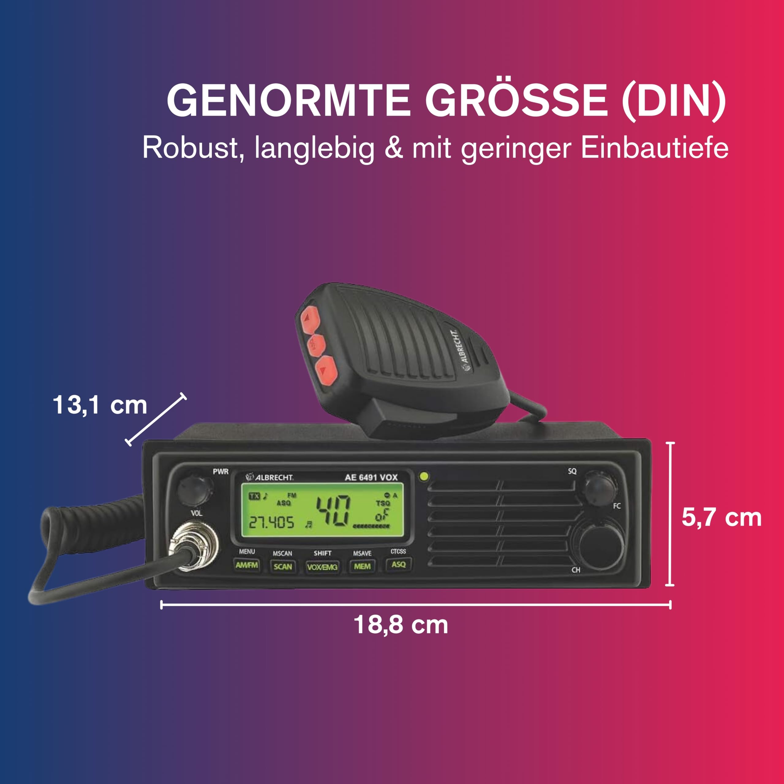 Albrecht AE 6491 VOX CB-Funkgerät, mit VOX Freisprechfunktion für die freihändige Nutzung in Auto & LKW, CB-Funk mit ASQ & CTCSS, 12/24 Volt, schwarz