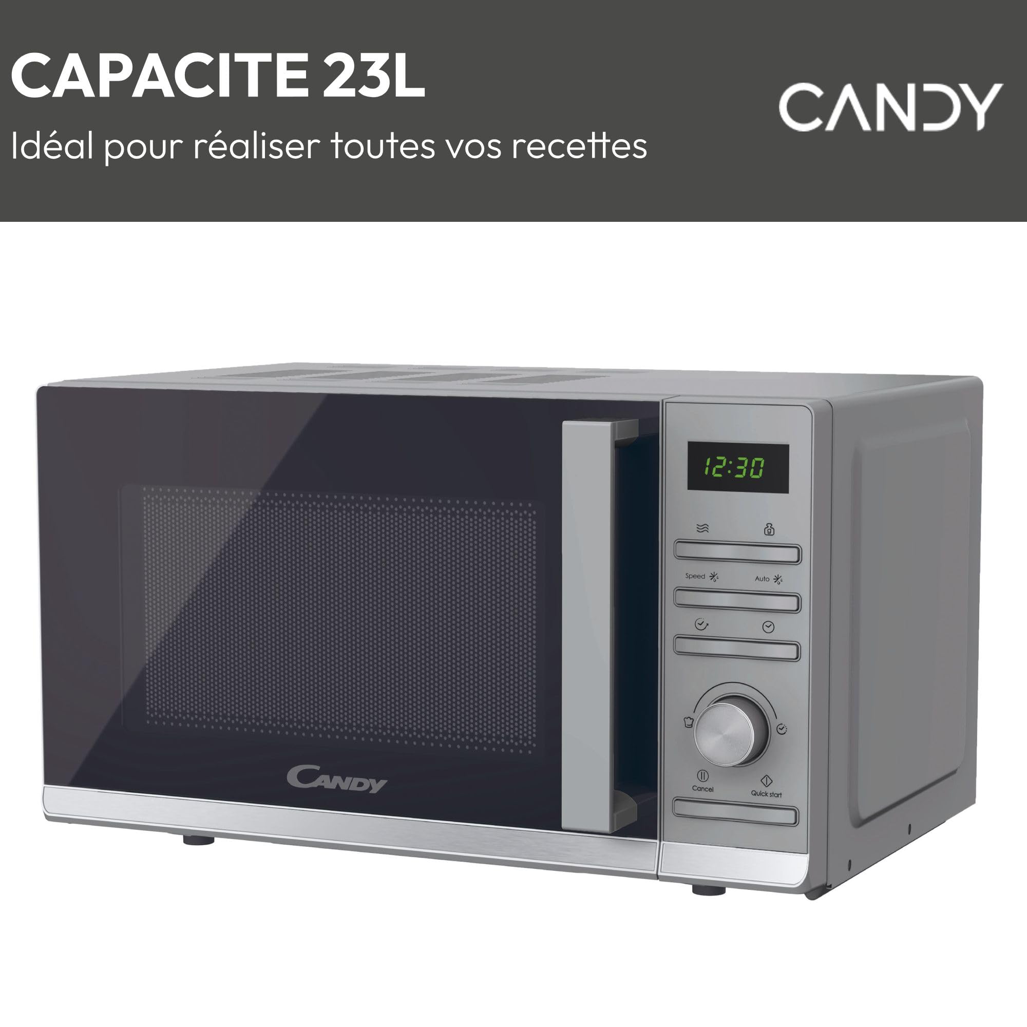 Candy Moderna CMWA23TNDS Four Micro-ondes 900W 23L Digital, Fonction Décongélation, 14 Menus Automatiques, Plateau Tournant en Verre, 11 Niveaux de Puissance, Cuisson Express, Sécurité Enfant, Argent