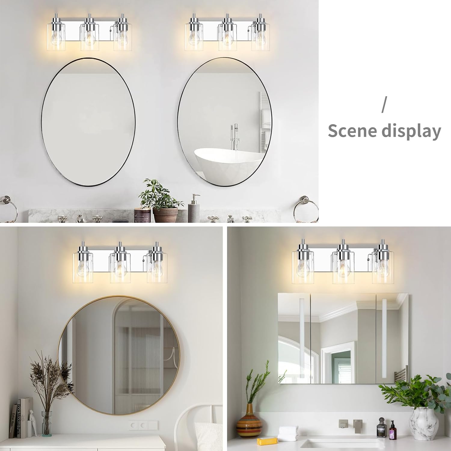 Bathroom Light Fixtures, 3-Light Bathroom Vanity Light with Clear Glass Shades, Silver Vanity Lights, Vintage Wall Sconces for Bedroom Living Room Hallway, ETL Listed