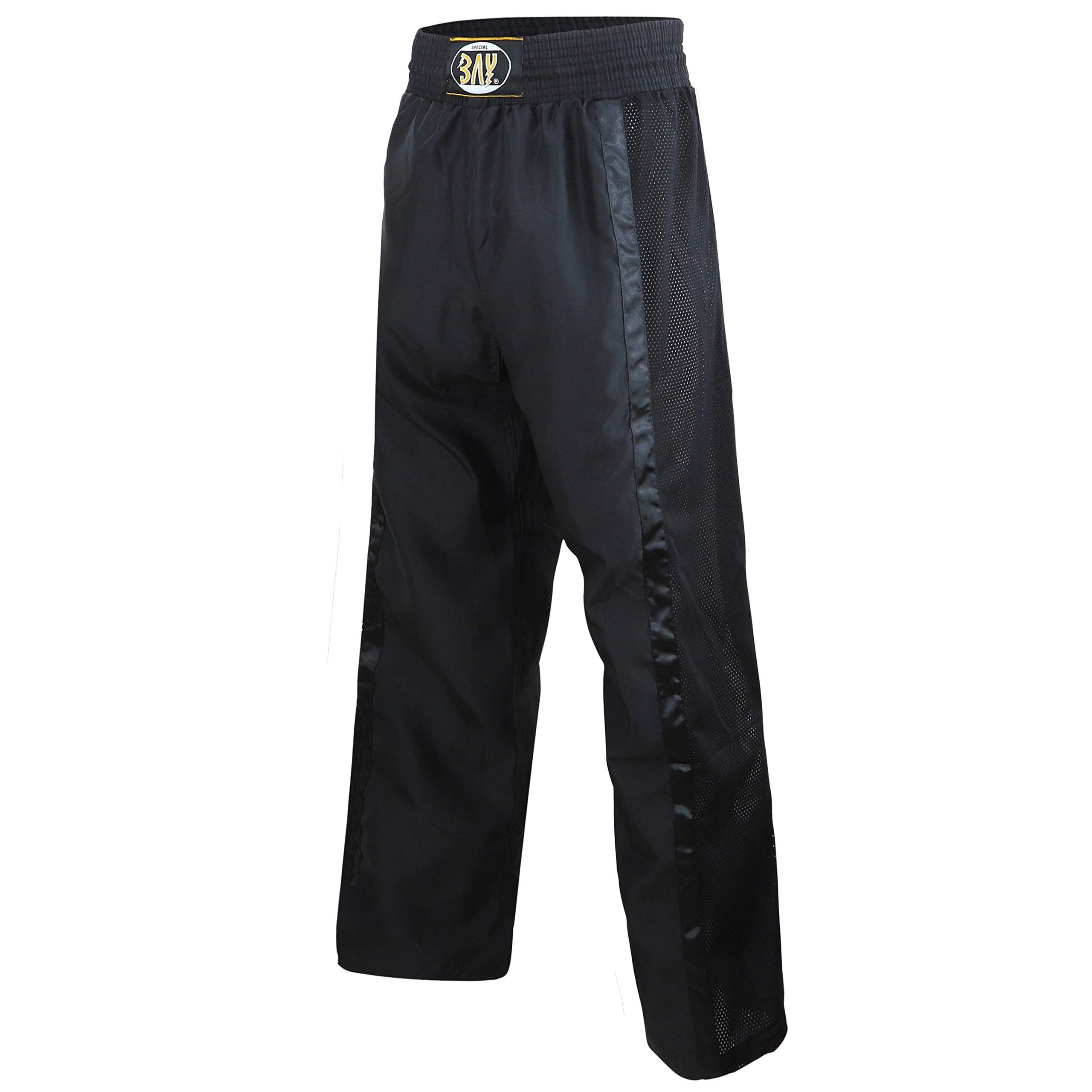 Bay Netz Mesh Kickboxhose Kampfsporthose Schwarz lang Mesh-Netzeinsatz Kontraststreifen in Schwarz seitlich Polyester Erwachsene Damen Herren Kinder Jungen Mädchen Größe L (180)